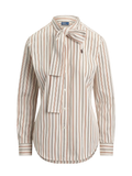 RALPH LAUREN WOMEN Slim Fit Striped Cotton Tie-Neck Shirt Cream/Red