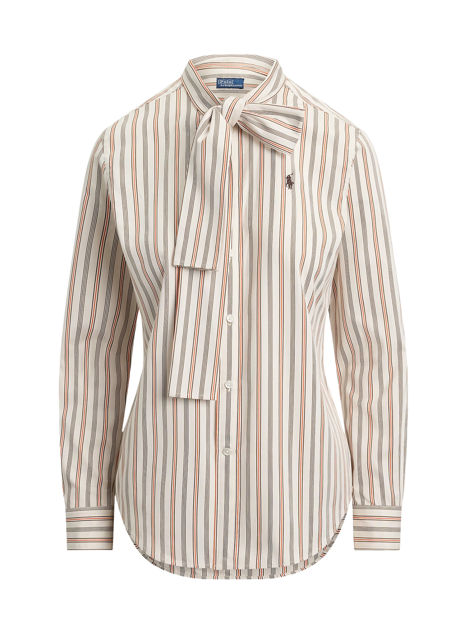 RALPH LAUREN WOMEN Slim Fit Striped Cotton Tie-Neck Shirt Cream/Red