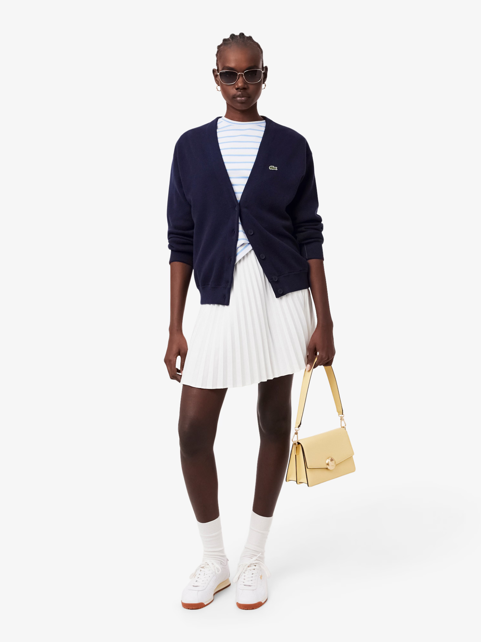 LACOSTE WOMEN V Neck Moss Stitch Cotton Cardigan Midnight Blue