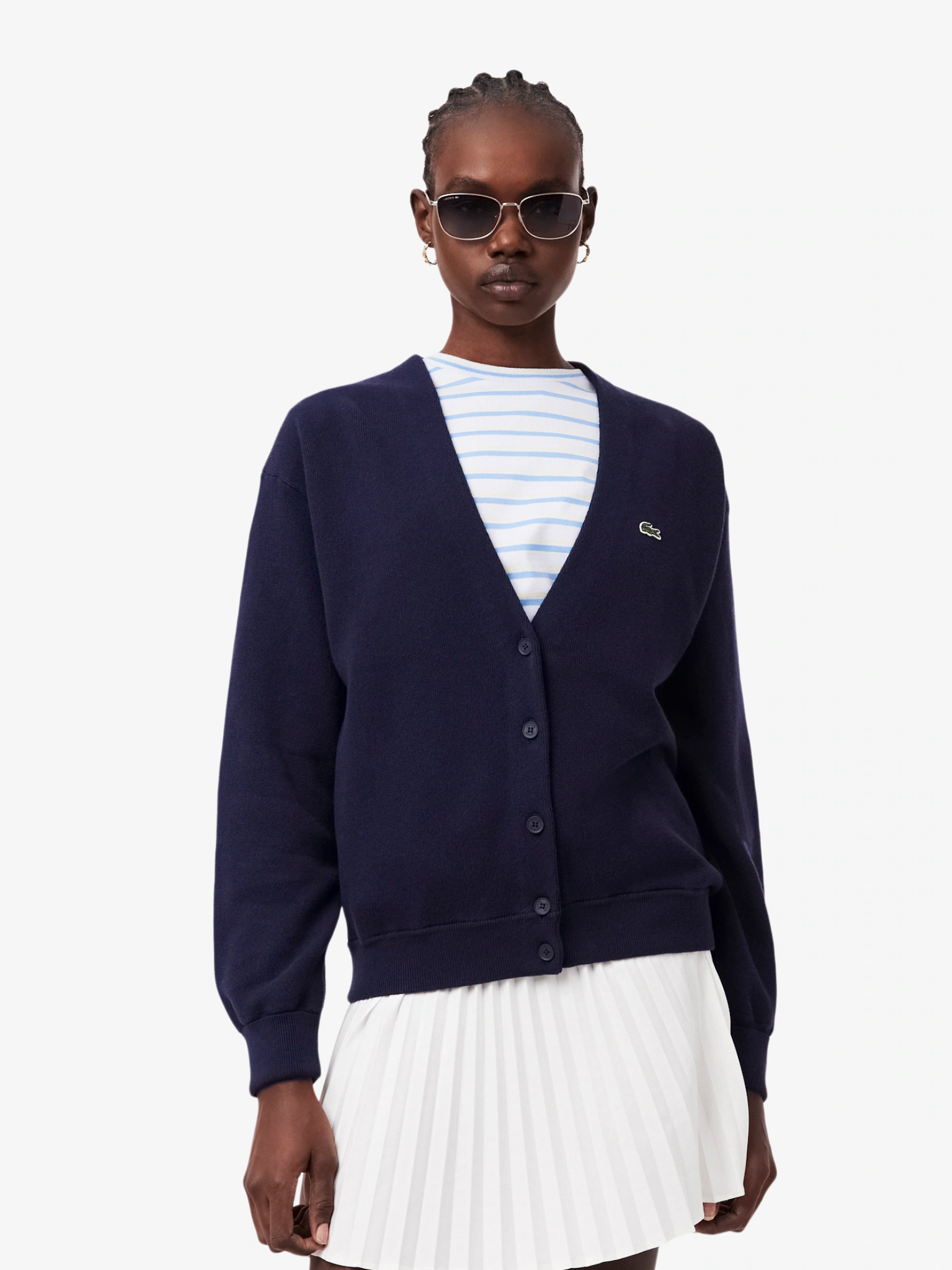 LACOSTE WOMEN V Neck Moss Stitch Cotton Cardigan Midnight Blue
