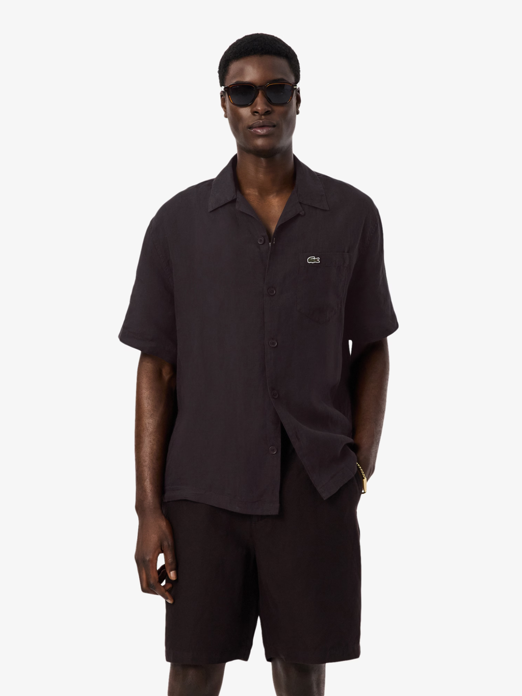 LACOSTE Relaxed Fit Linen Shirt Brown