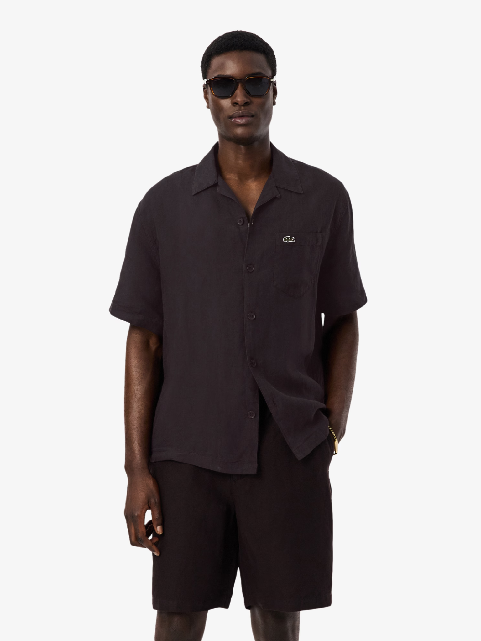 LACOSTE Relaxed Fit Linen Shirt Brown