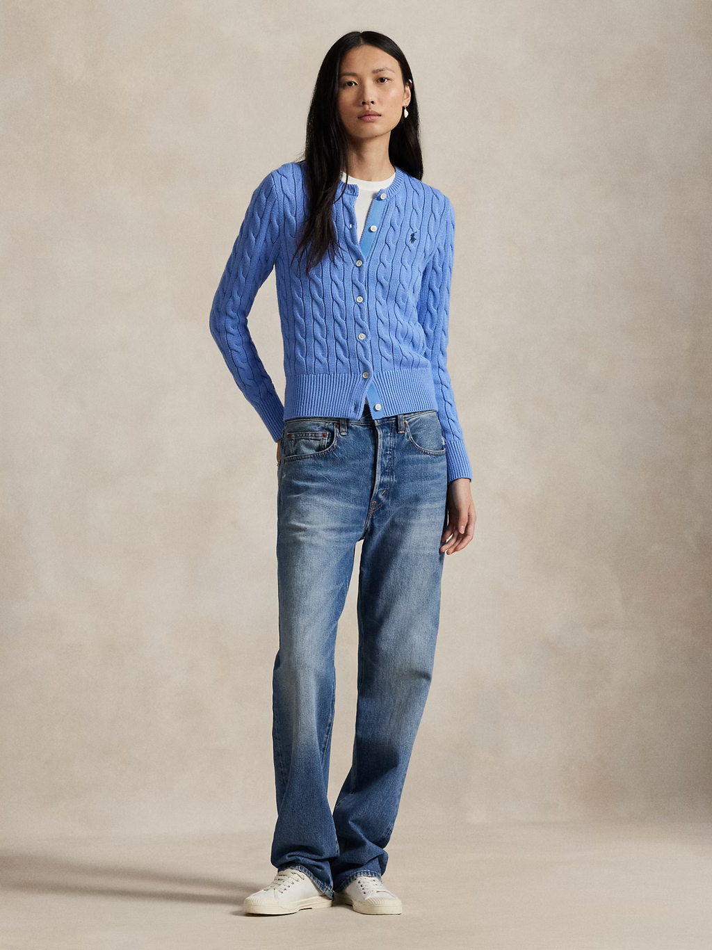 RALPH LAUREN WOMEN Cable-Knit Cotton Crewneck Cardigan New Litchfield Blue