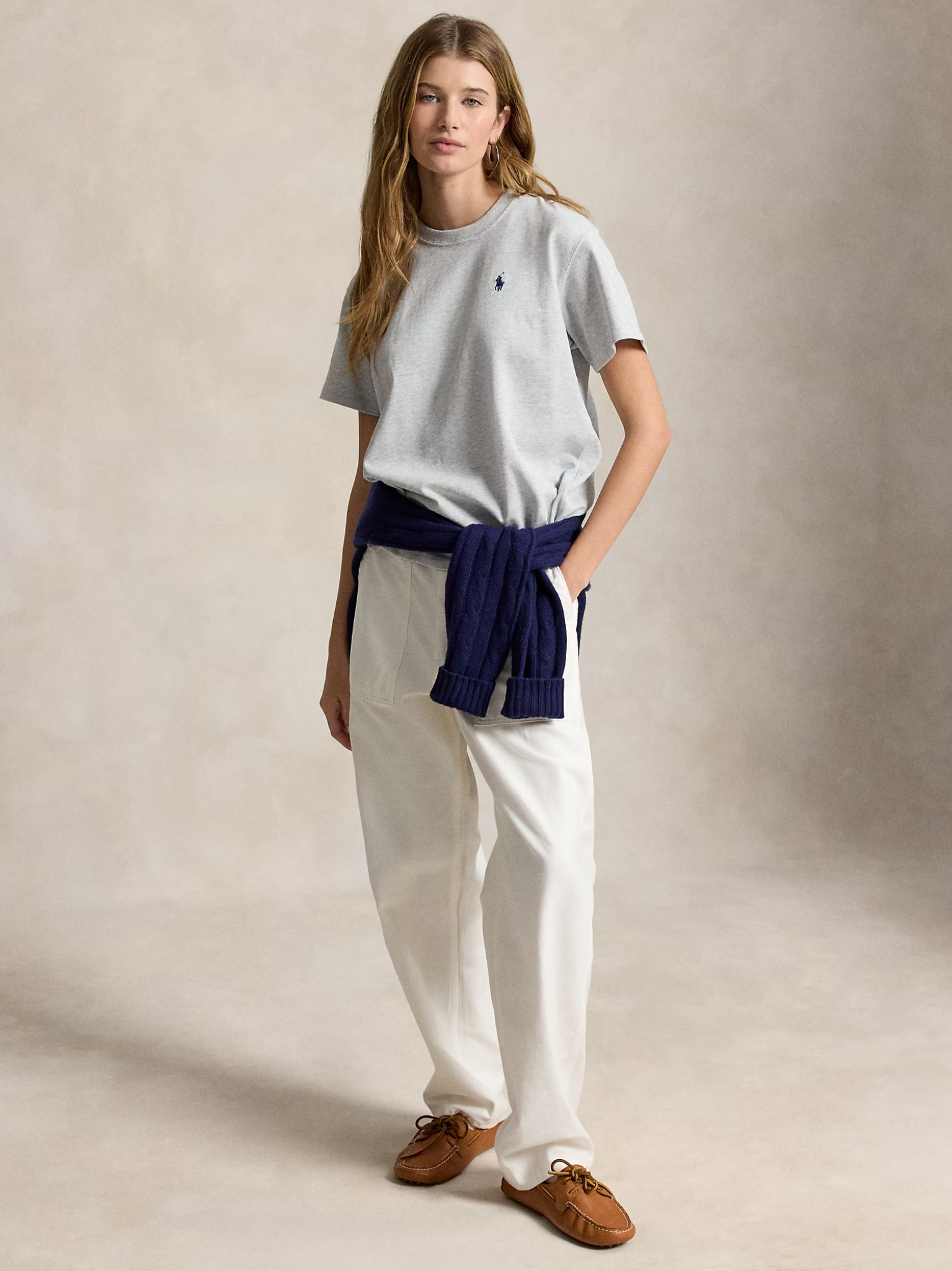RALPH LAUREN WOMEN Logo Cotton Jersey T-Shirt Grey Ash Heather