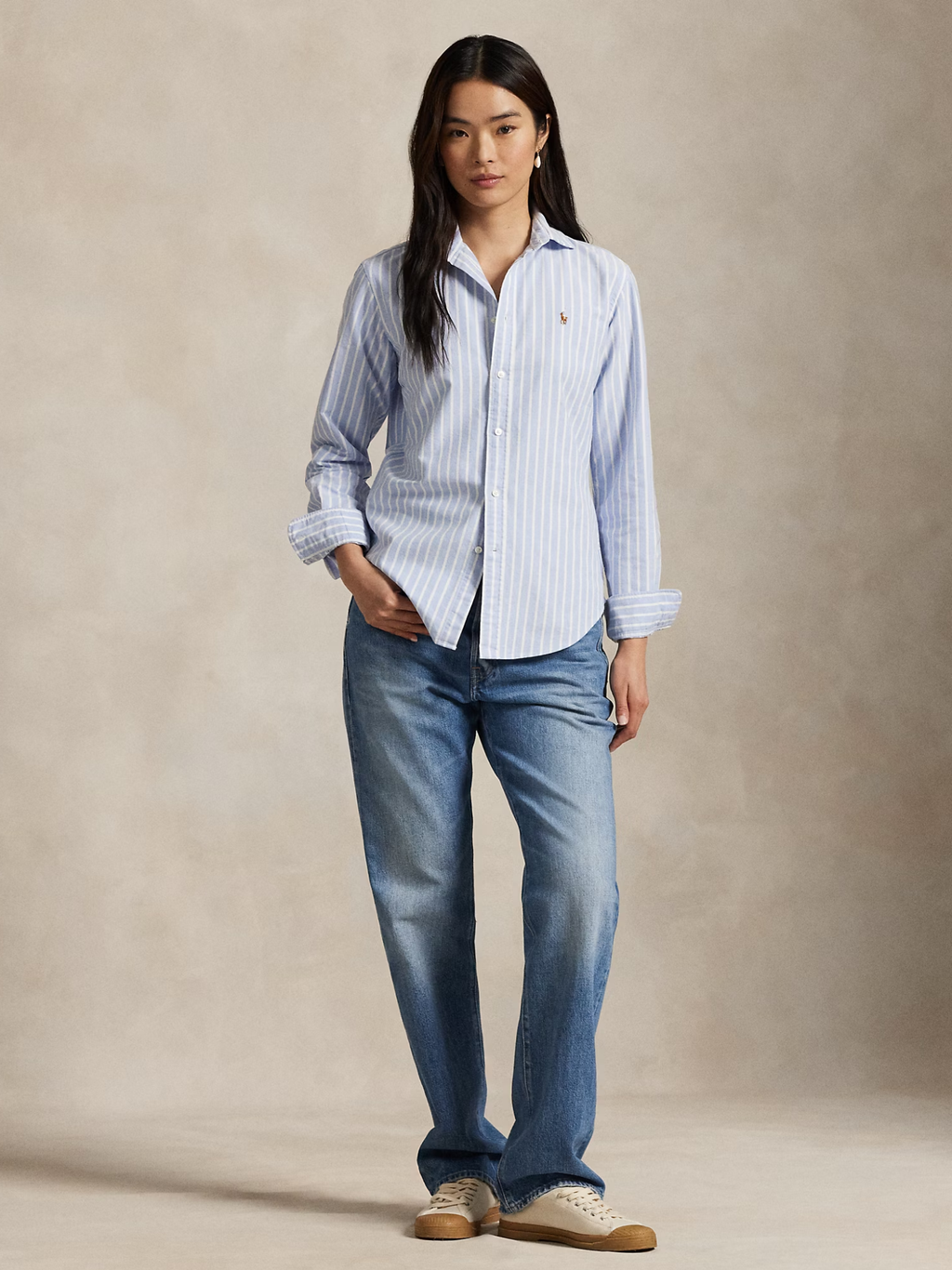 RALPH LAUREN WOMEN Slim Fit Striped Oxford Shirt Harbour Island Blue