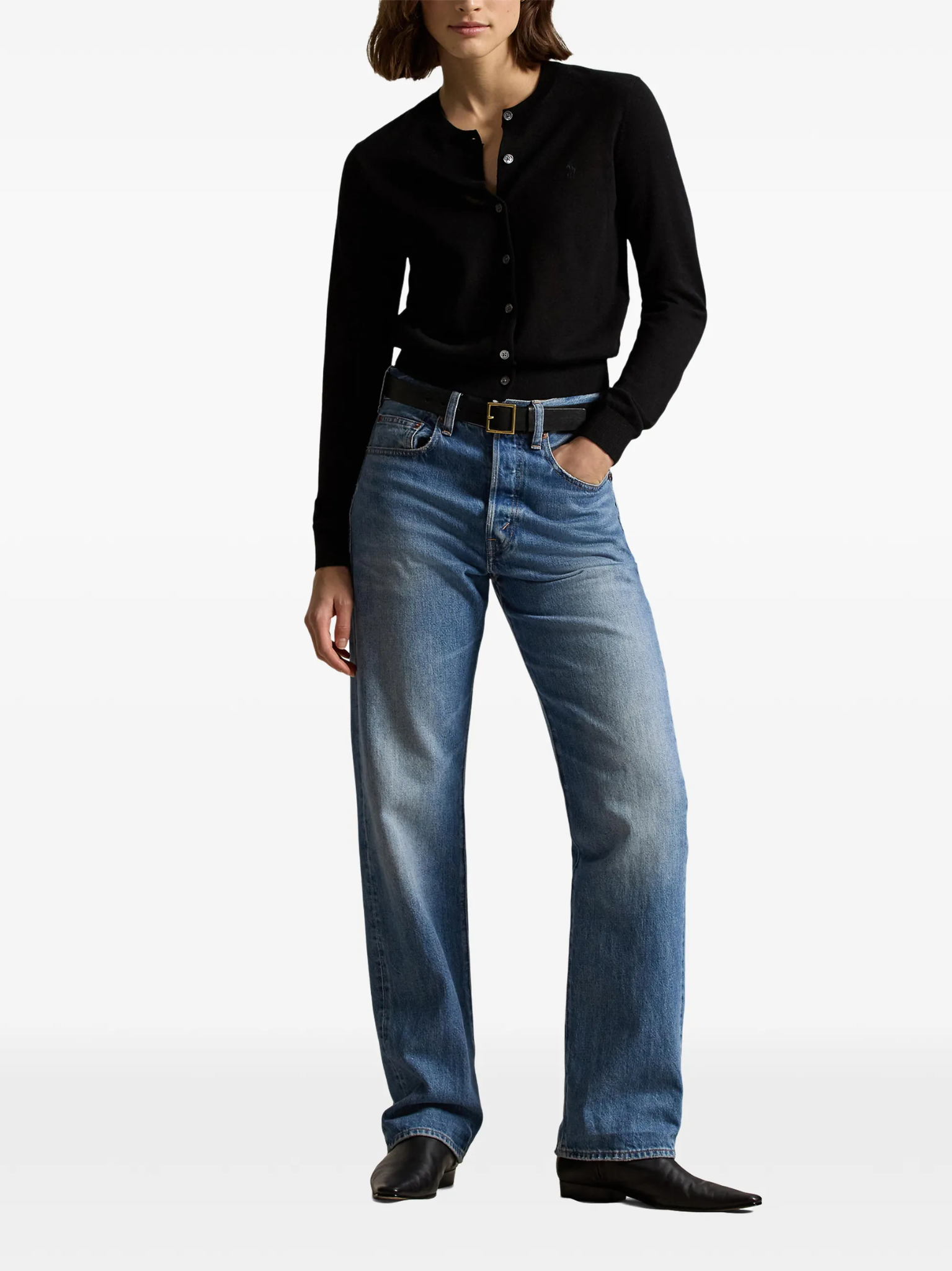 RALPH LAUREN WOMEN Wool Crewneck Cardigan Polo Black
