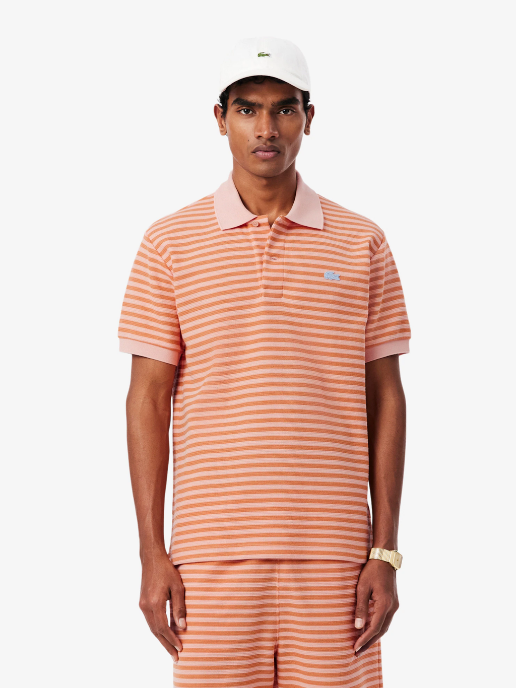 LACOSTE Classic Fit Textured Striped Polo Shirt Rose/Orange