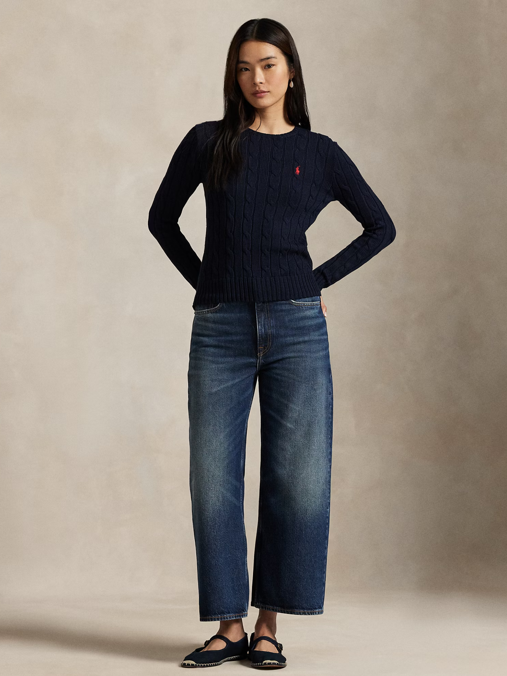 RALPH LAUREN WOMEN Cable-Knit Cotton Crewneck Jumper Hunter Navy