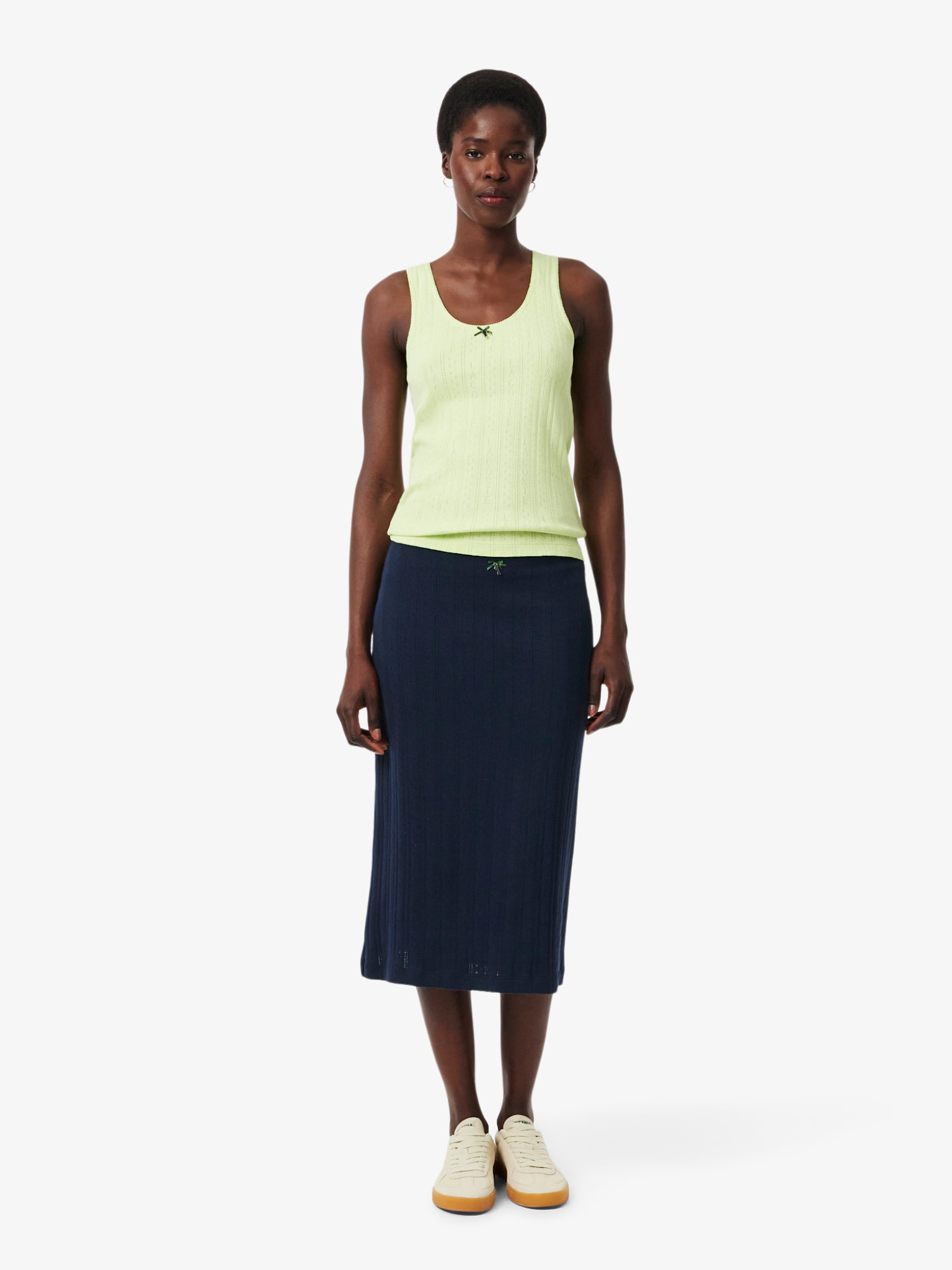 LACOSTE WOMEN Pointelle Knit Cotton Midi Skirt Midnight Blue