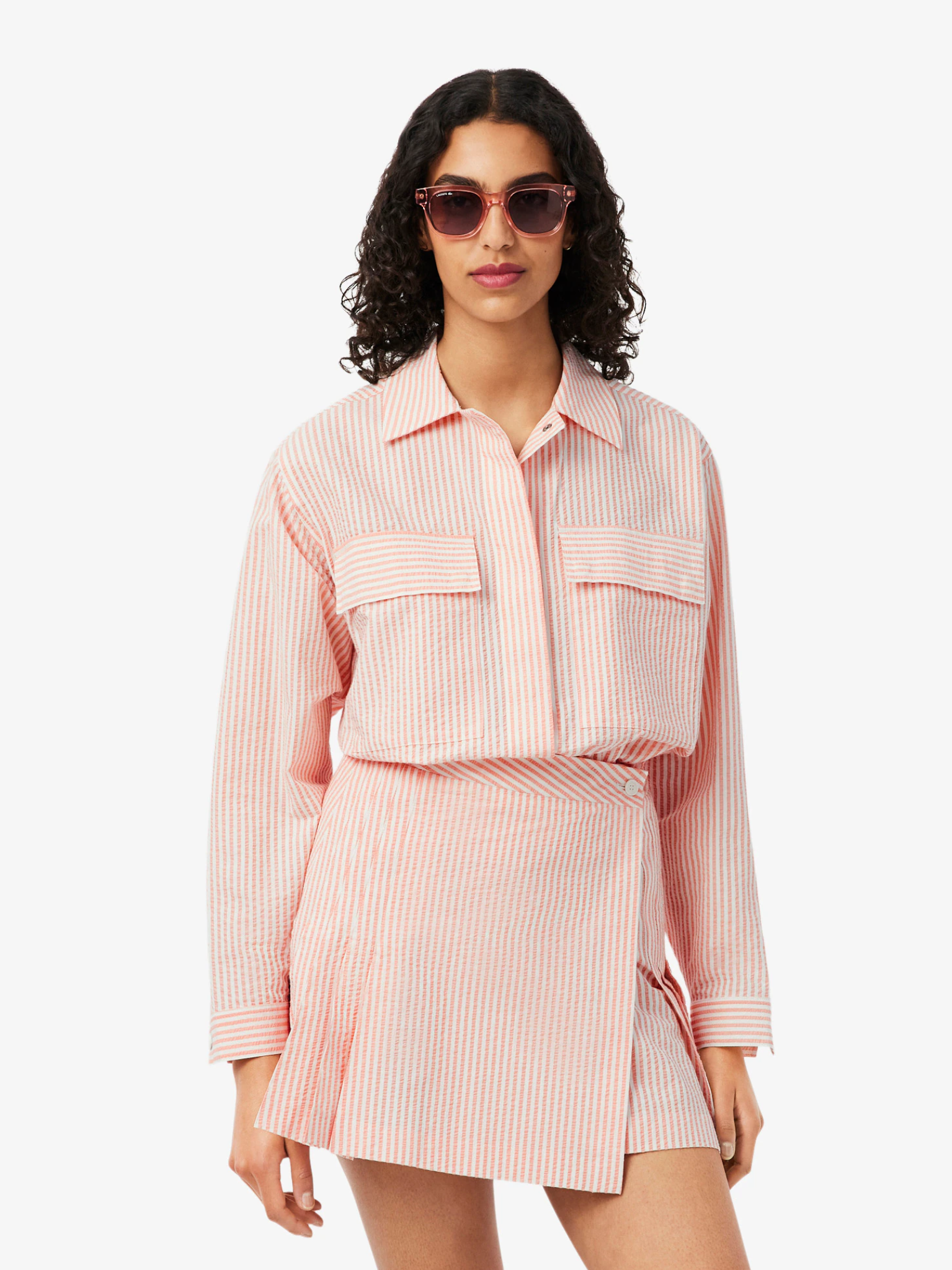 LACOSTE WOMEN Striped Seersucker Jacket Pink/White