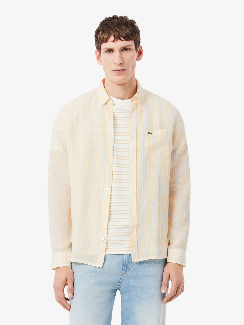 LACOSTE Regular Fit Striped Linen Shirt Yellow/White