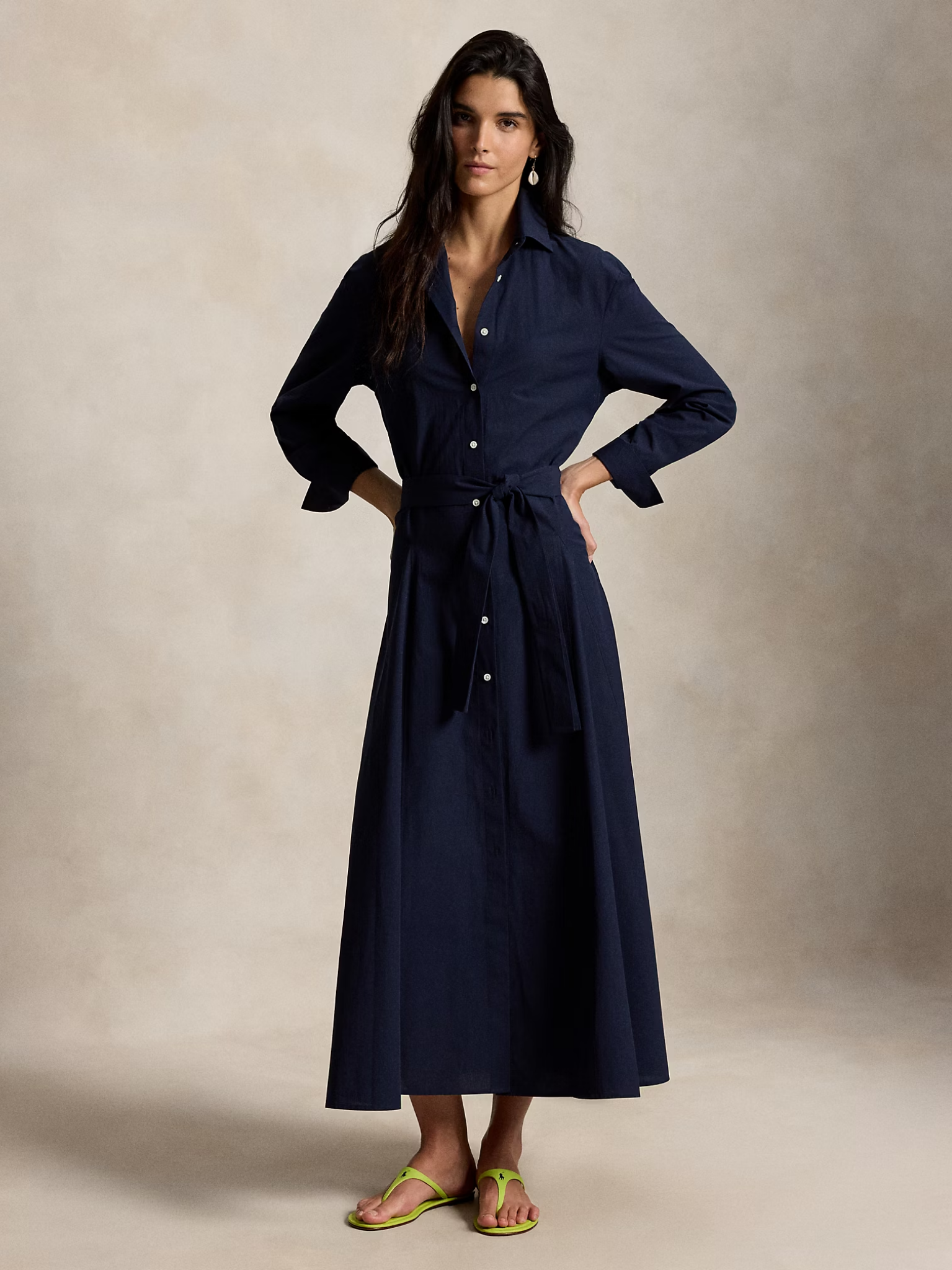 RALPH LAUREN WOMEN Cotton Canvas Tie-Waist Shirt Dress Hunter Navy