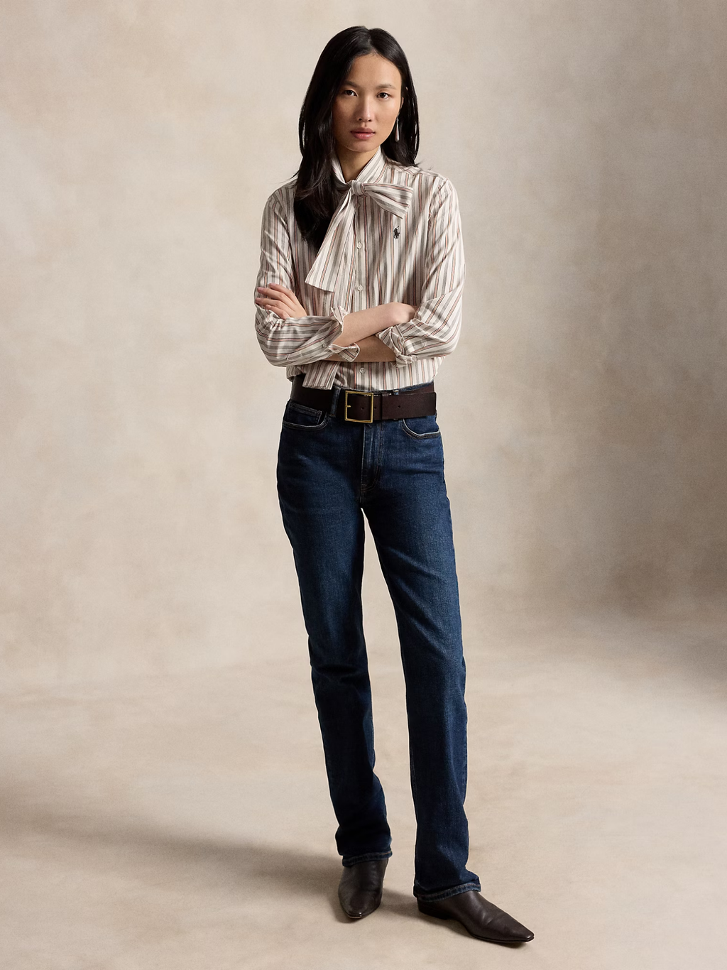 RALPH LAUREN WOMEN Slim Fit Striped Cotton Tie-Neck Shirt Cream/Red