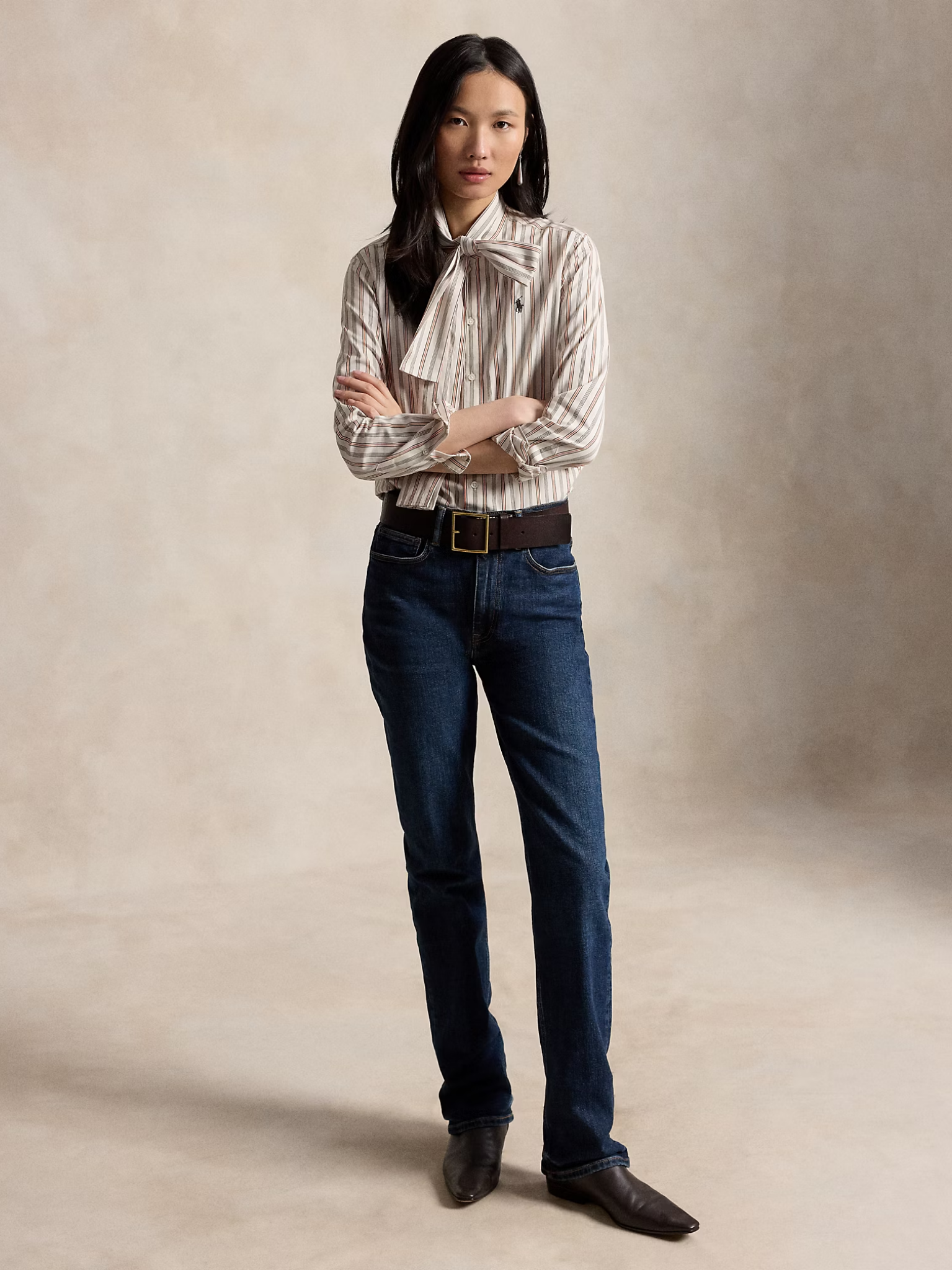 RALPH LAUREN WOMEN Slim Fit Striped Cotton Tie-Neck Shirt Cream/Red