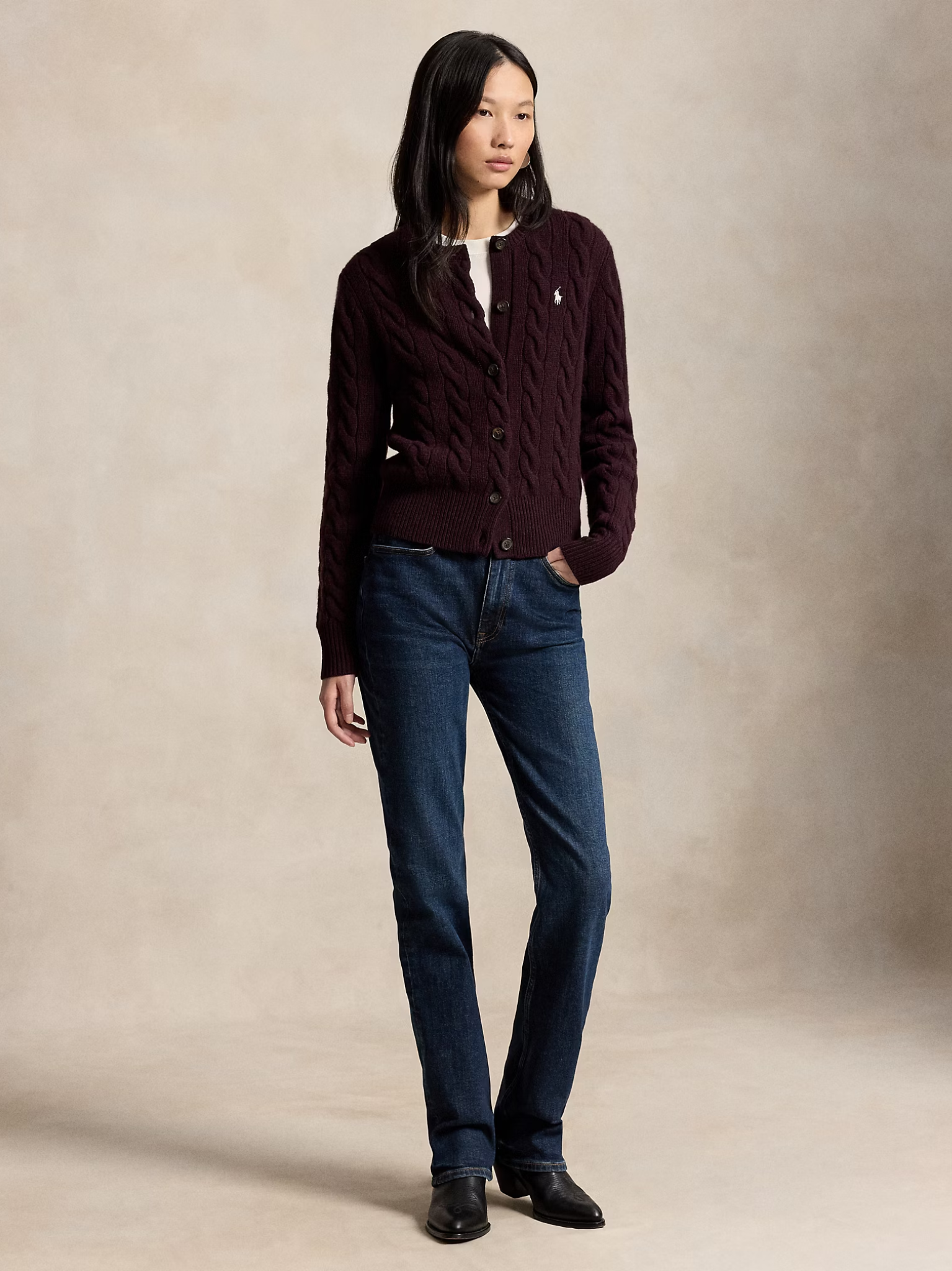 RALPH LAUREN WOMEN Cable-knit Wool Cashmere Cardigan Damson Melange