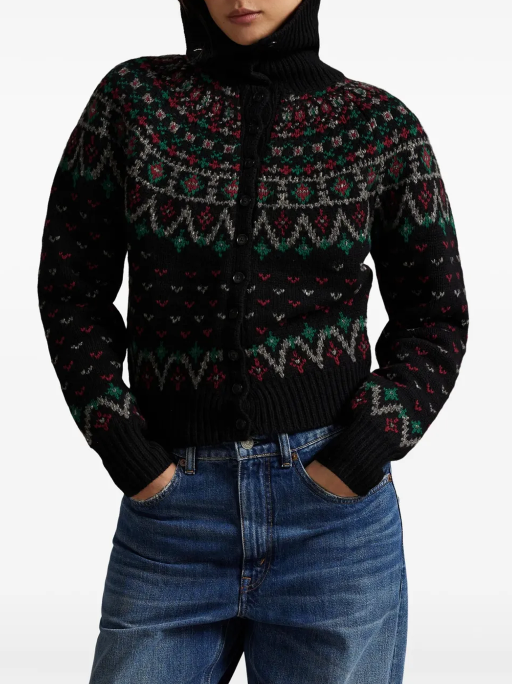 RALPH LAUREN WOMEN Fair Isle Wool-blend Cardigan Polo Black/Multi