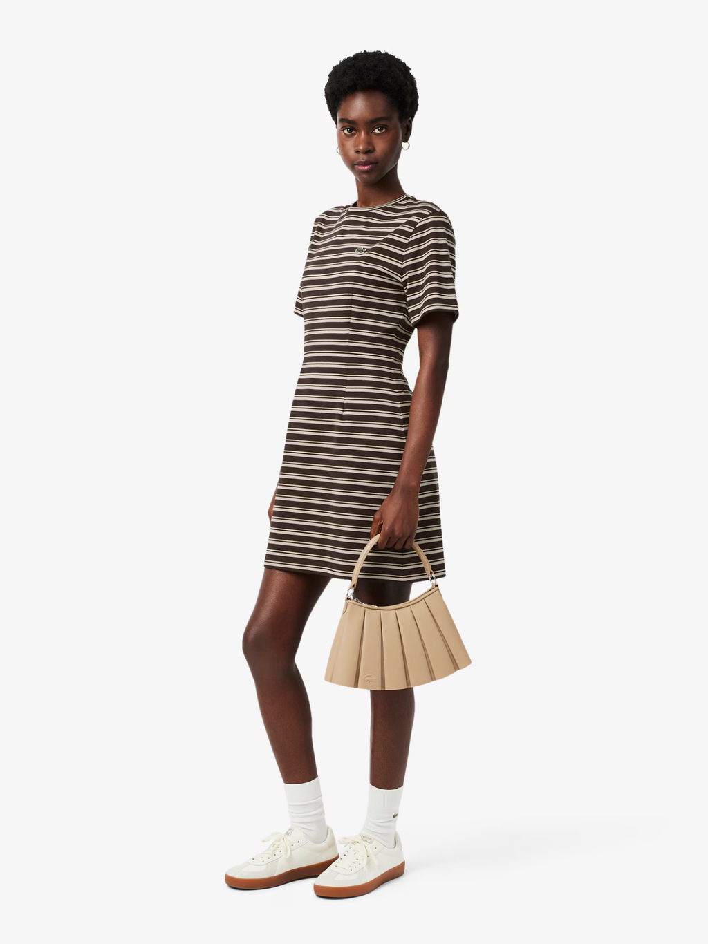 LACOSTE WOMEN Striped Cotton T-shirt Dress Marron/Beige