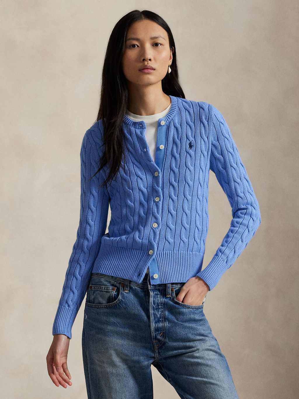 RALPH LAUREN WOMEN Cable-Knit Cotton Crewneck Cardigan New Litchfield Blue