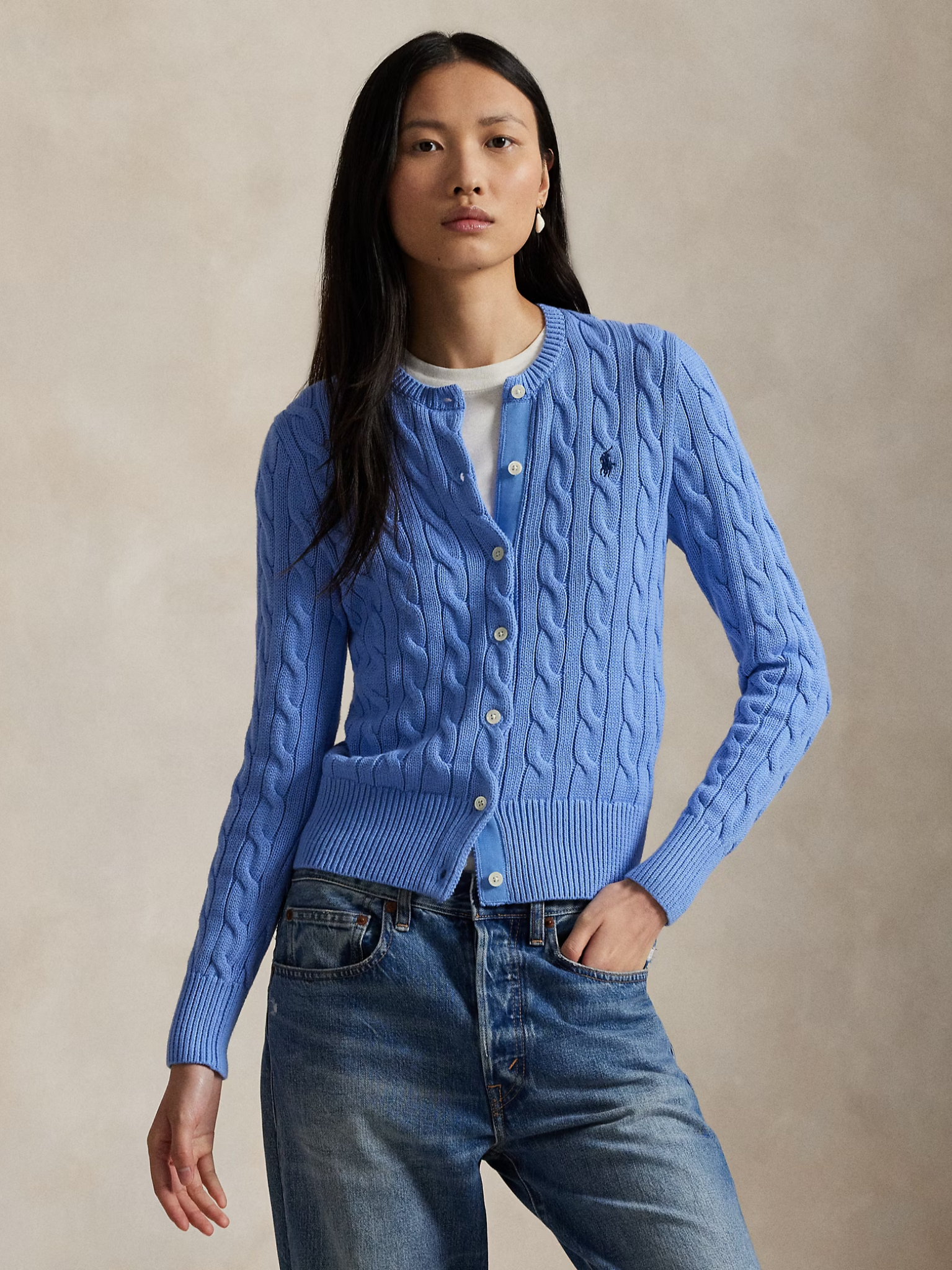 RALPH LAUREN WOMEN Cable-Knit Cotton Crewneck Cardigan New Litchfield Blue