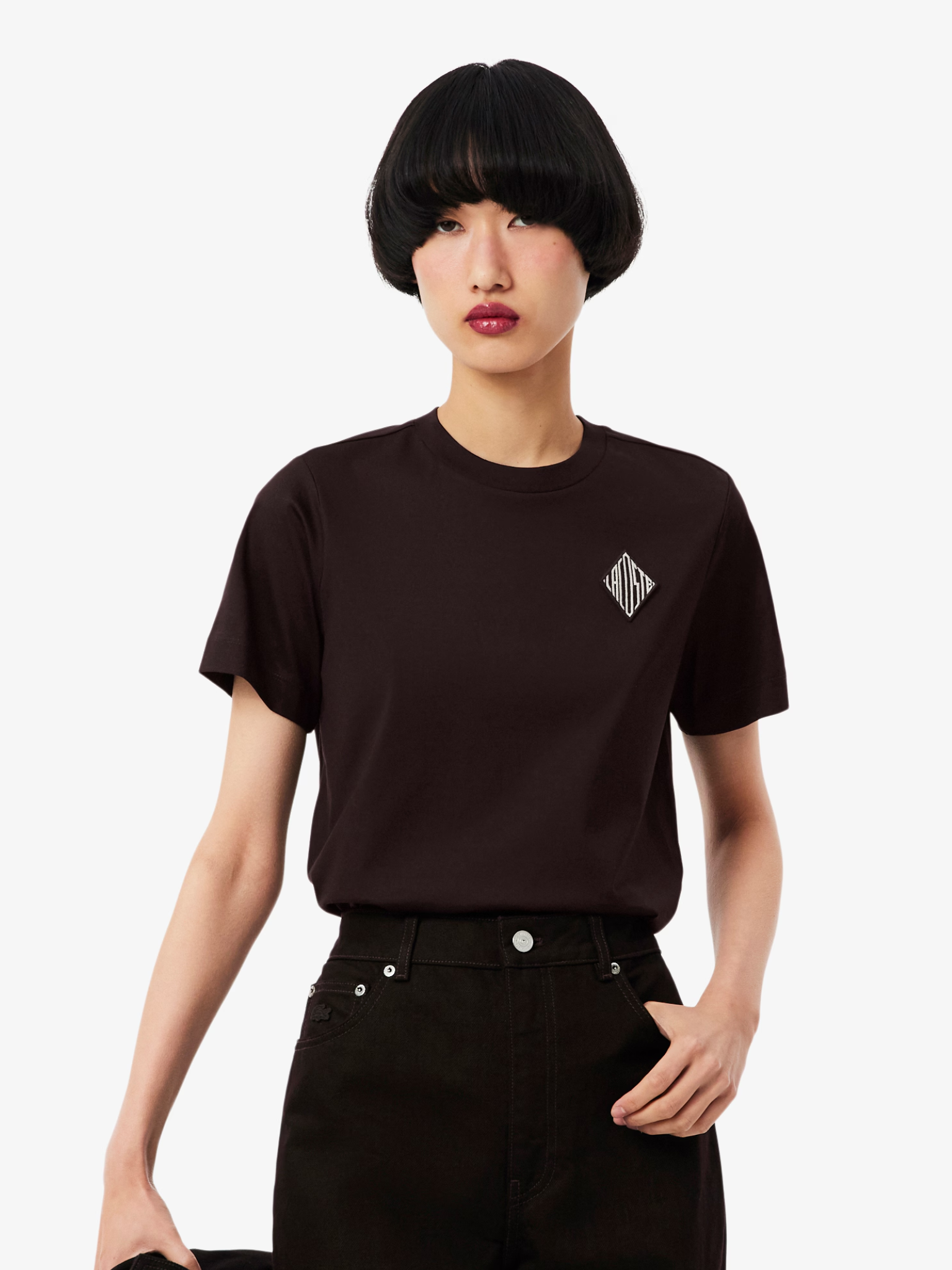 LACOSTE WOMEN Badge Cotton T-shirt Brown