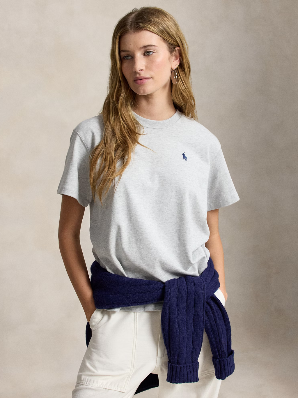 RALPH LAUREN WOMEN Logo Cotton Jersey T-Shirt Grey Ash Heather