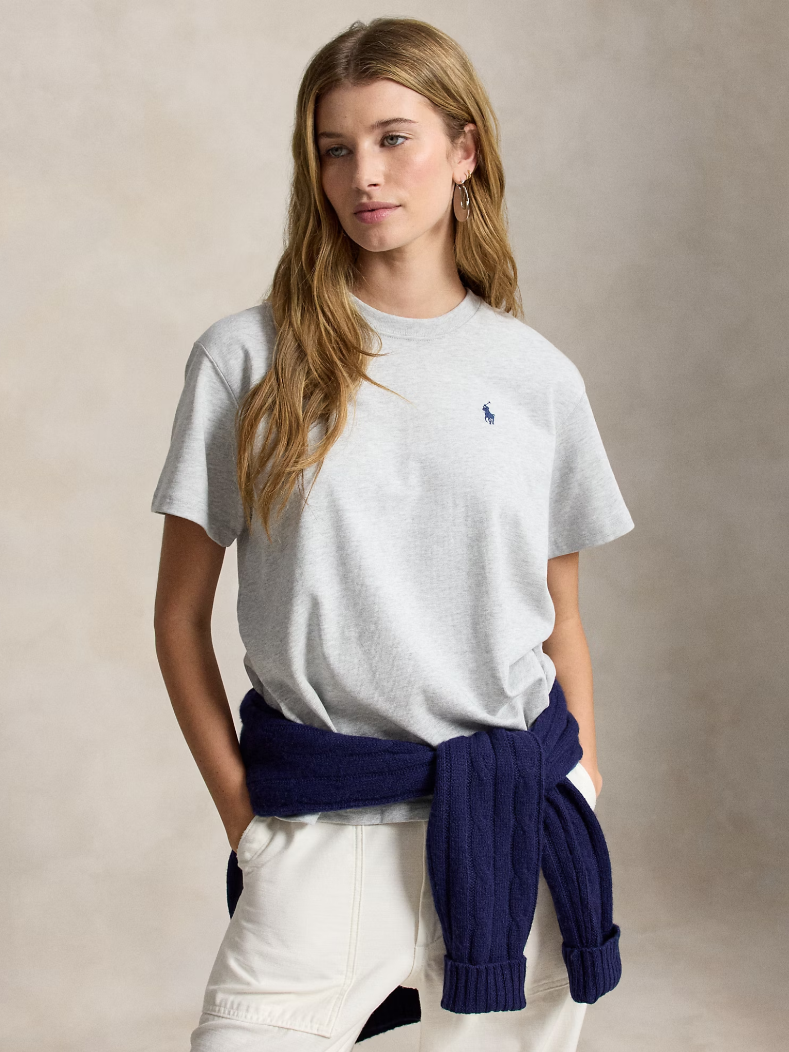 RALPH LAUREN WOMEN Logo Cotton Jersey T-Shirt Grey Ash Heather