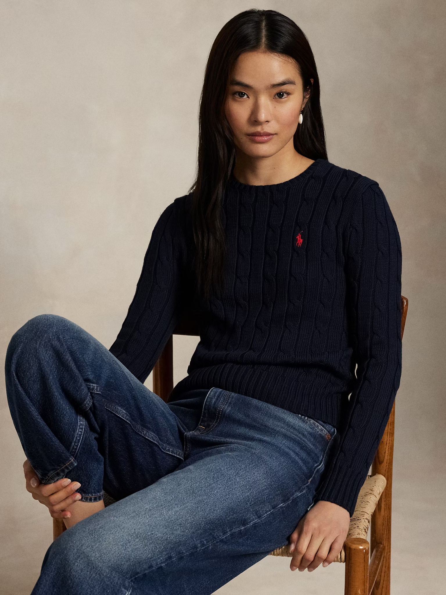 RALPH LAUREN WOMEN Cable-Knit Cotton Crewneck Jumper Hunter Navy