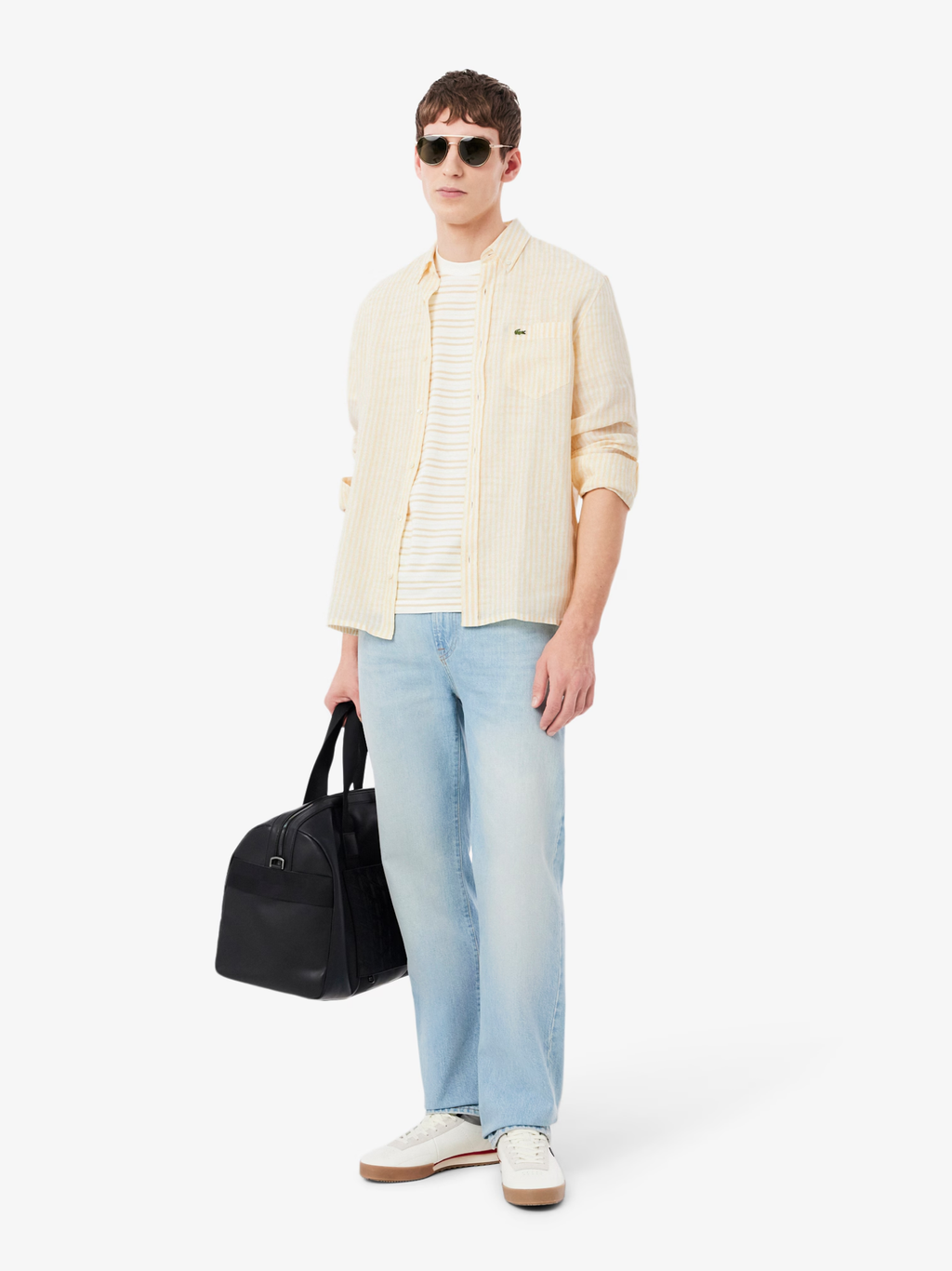 LACOSTE Regular Fit Striped Linen Shirt Yellow/White