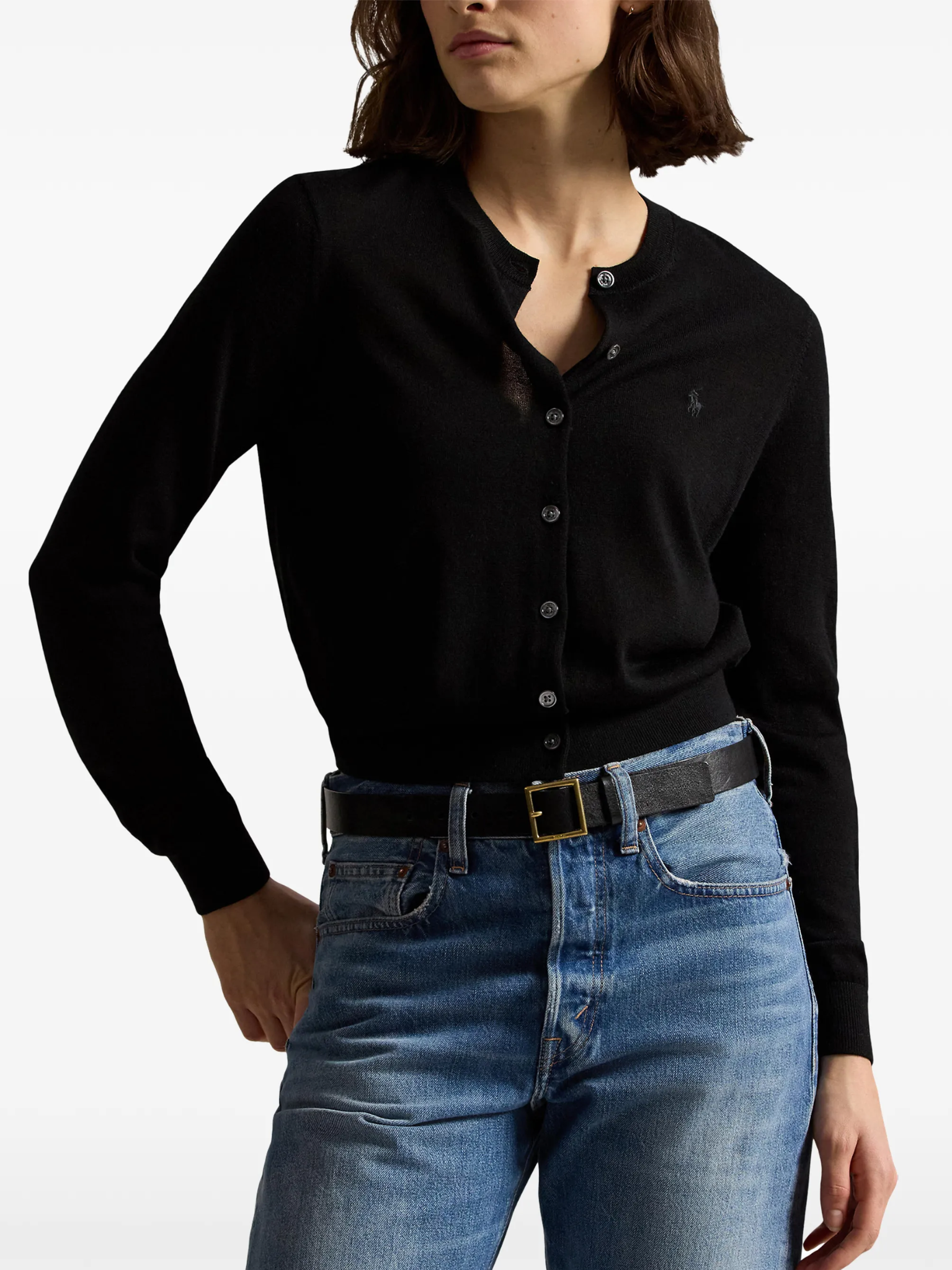 RALPH LAUREN WOMEN Wool Crewneck Cardigan Polo Black
