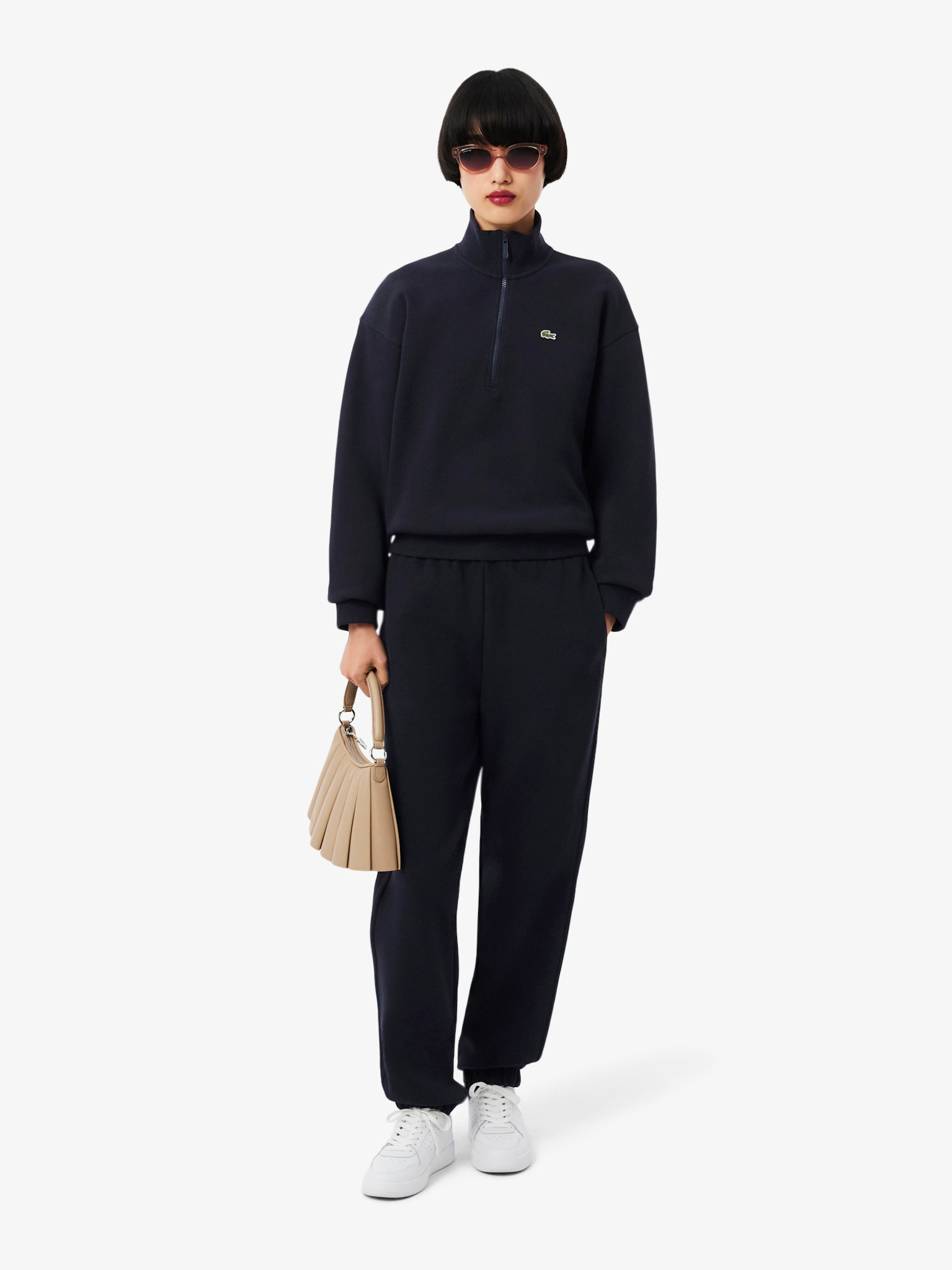 LACOSTE WOMEN High Neck Zipped Piqué Sweatshirt Navy Blue