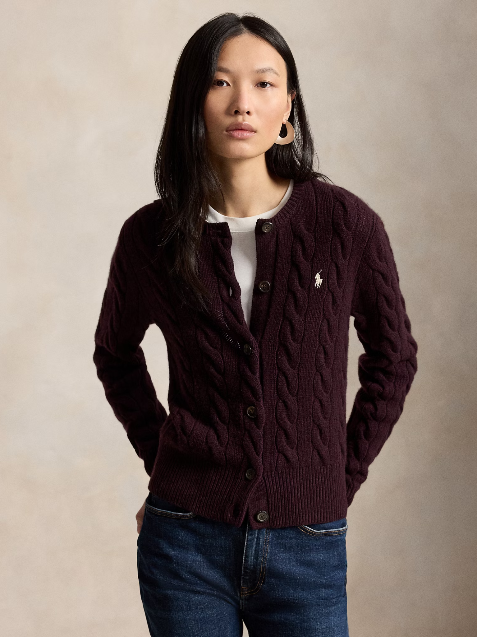RALPH LAUREN WOMEN Cable-knit Wool Cashmere Cardigan Damson Melange