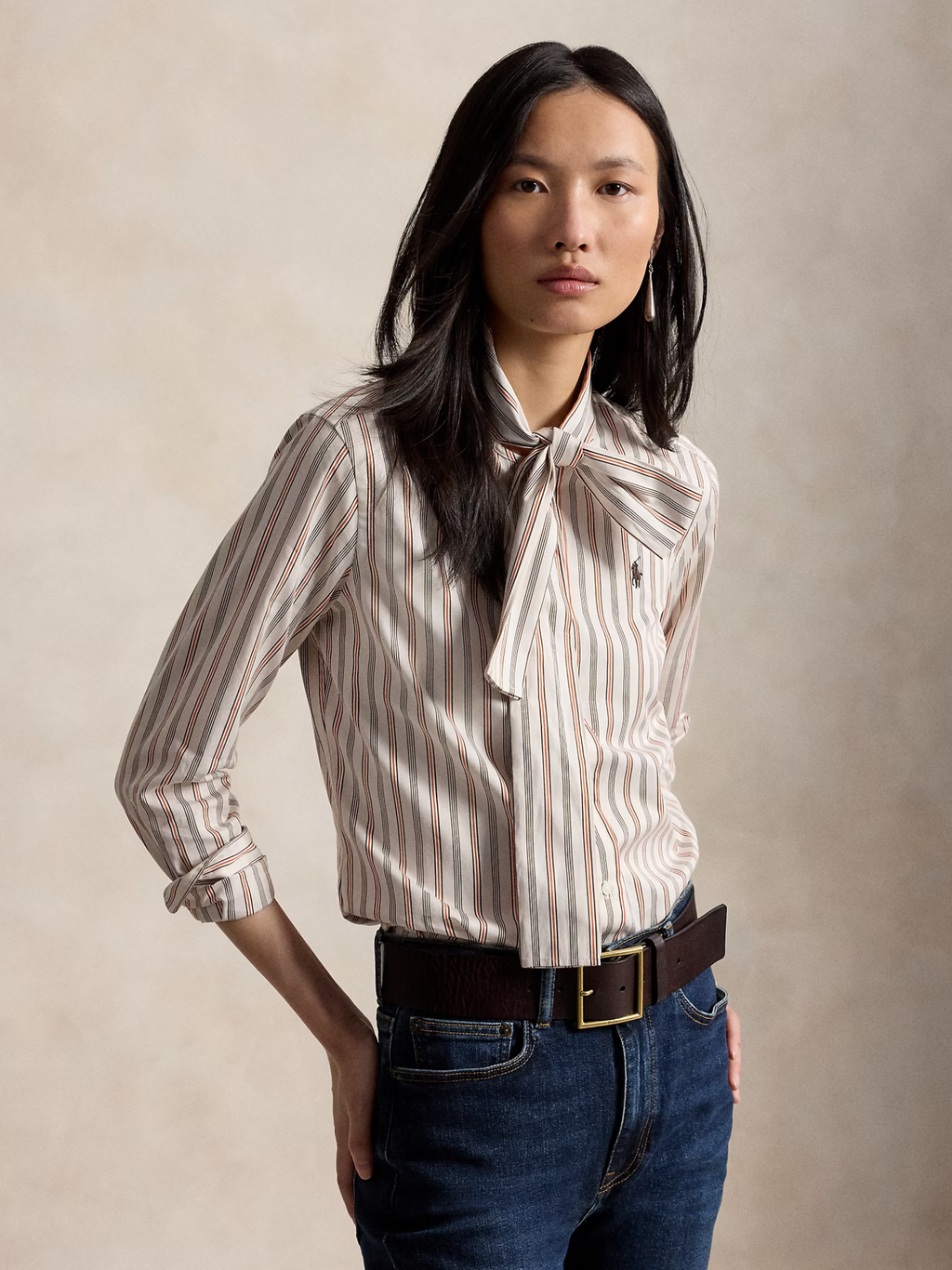 RALPH LAUREN WOMEN Slim Fit Striped Cotton Tie-Neck Shirt Cream/Red
