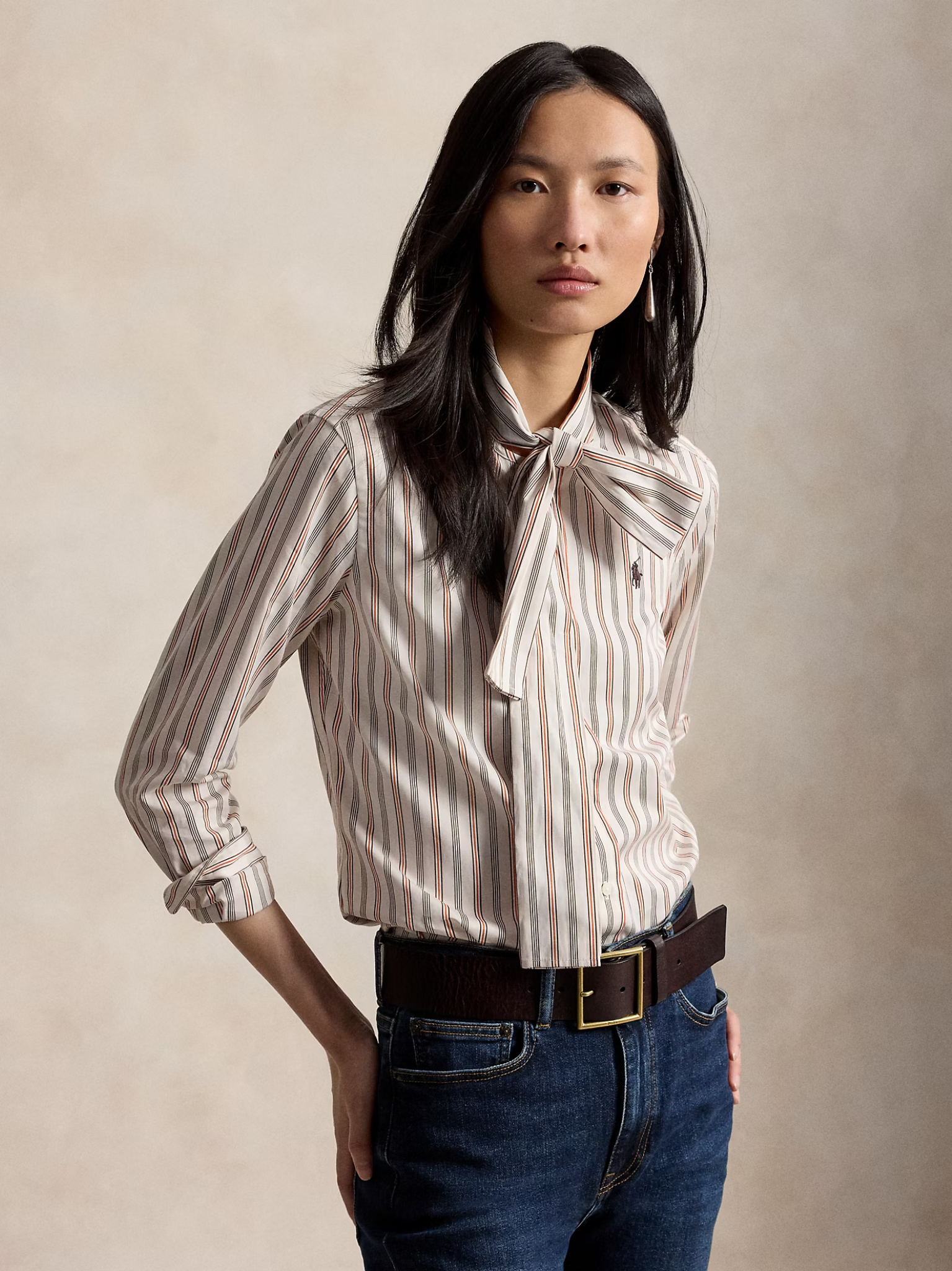RALPH LAUREN WOMEN Slim Fit Striped Cotton Tie-Neck Shirt Cream/Red