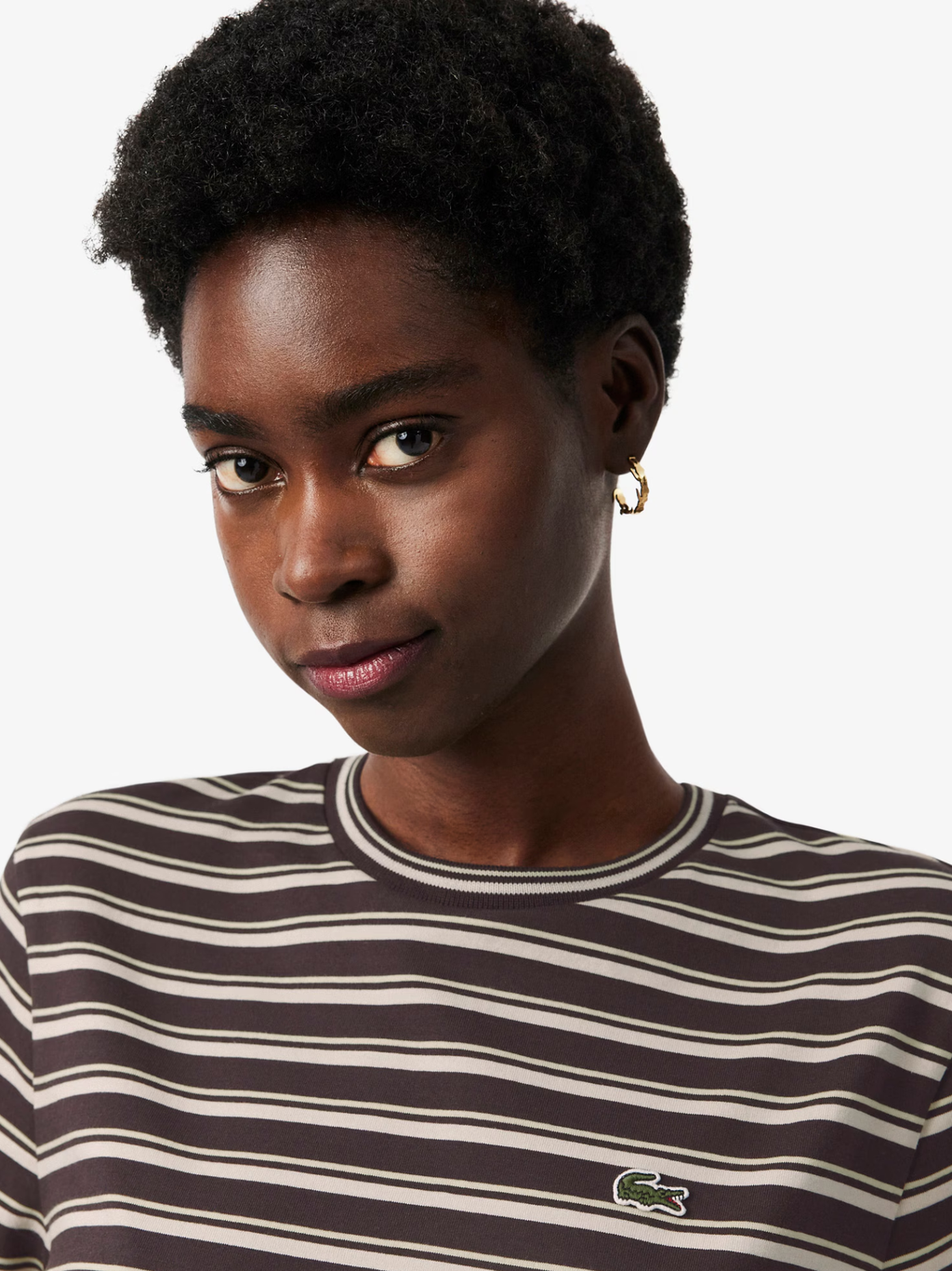 LACOSTE WOMEN Striped Cotton T-shirt Dress Marron/Beige