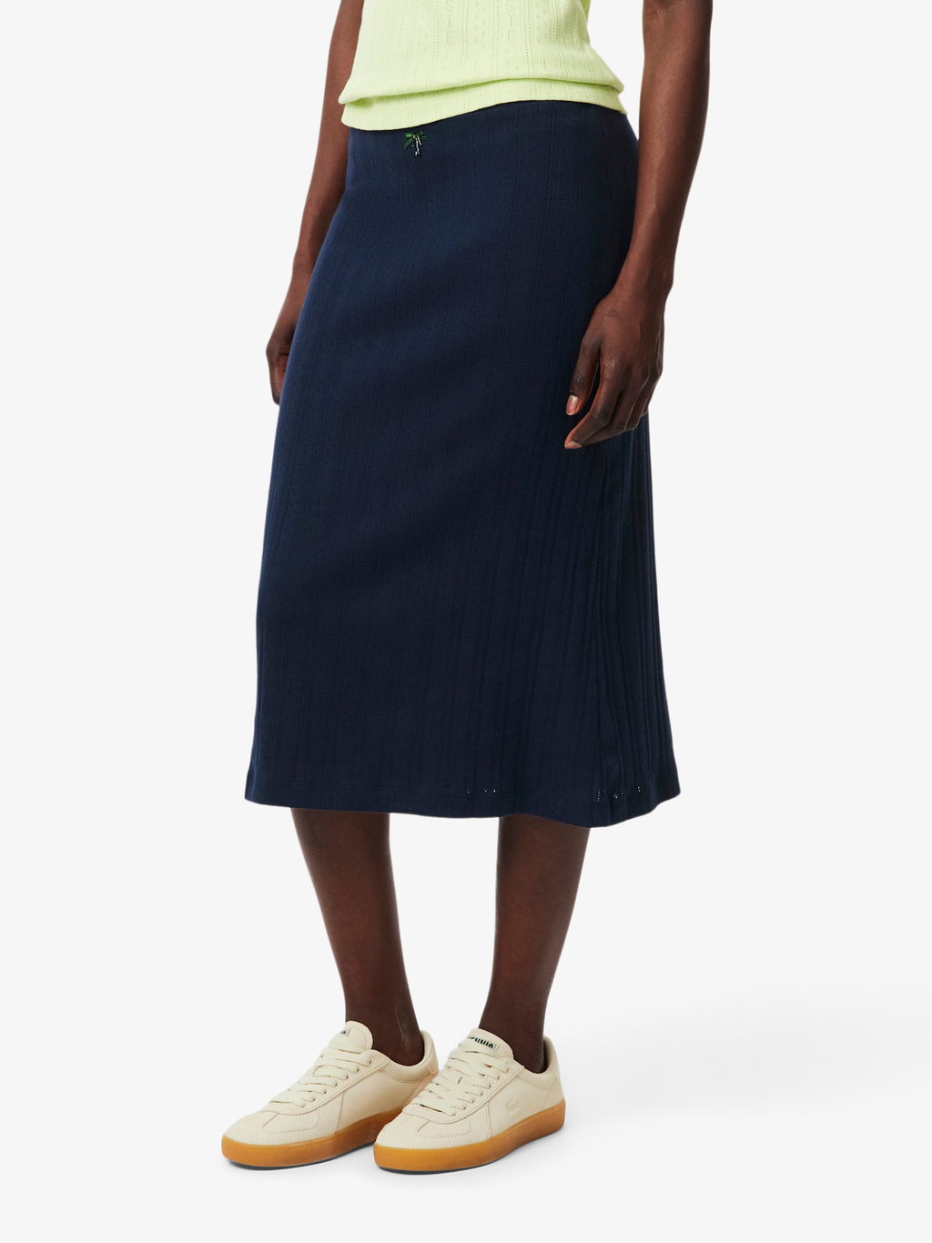 LACOSTE WOMEN Pointelle Knit Cotton Midi Skirt Midnight Blue