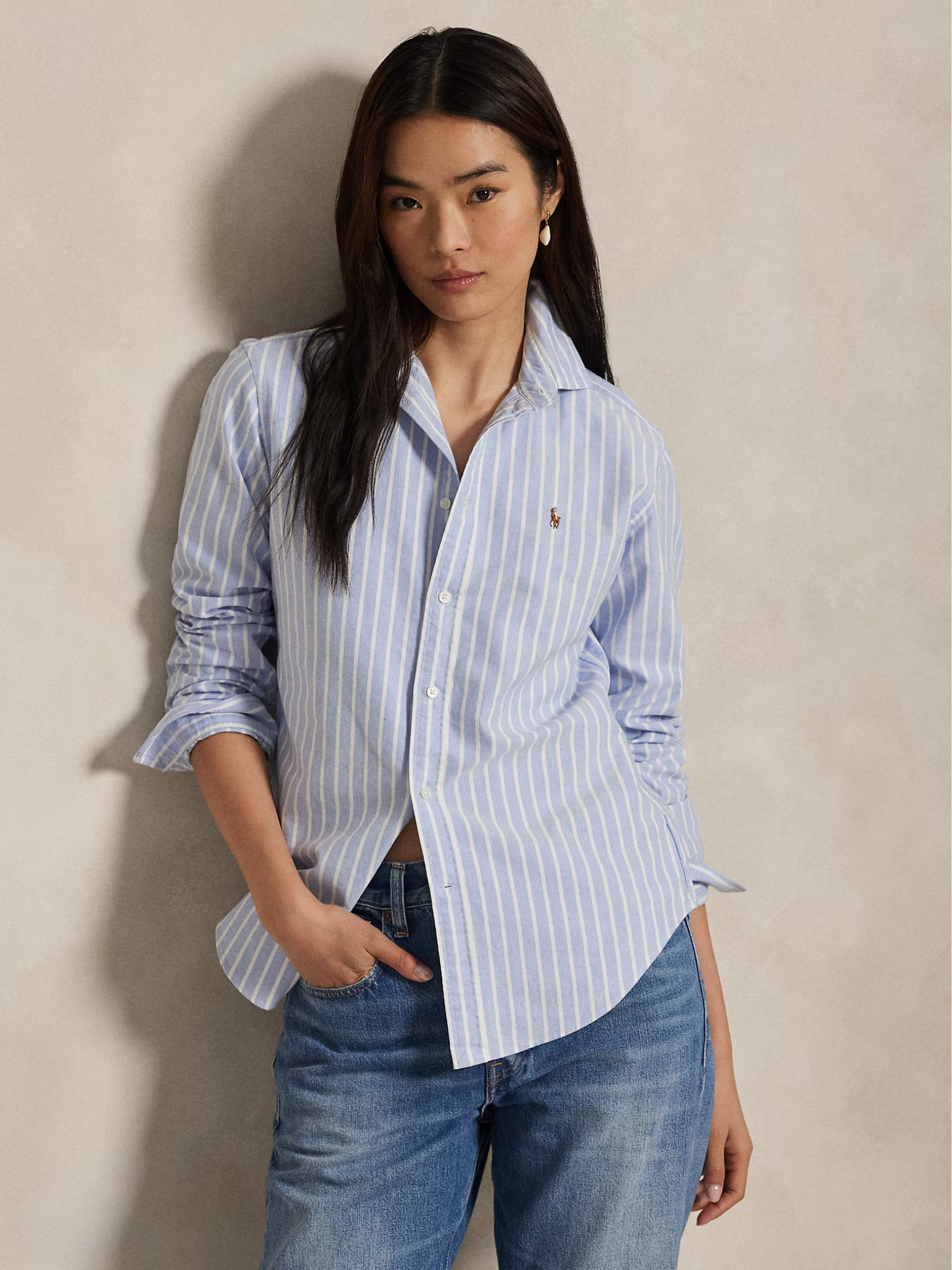 RALPH LAUREN WOMEN Slim Fit Striped Oxford Shirt Harbour Island Blue