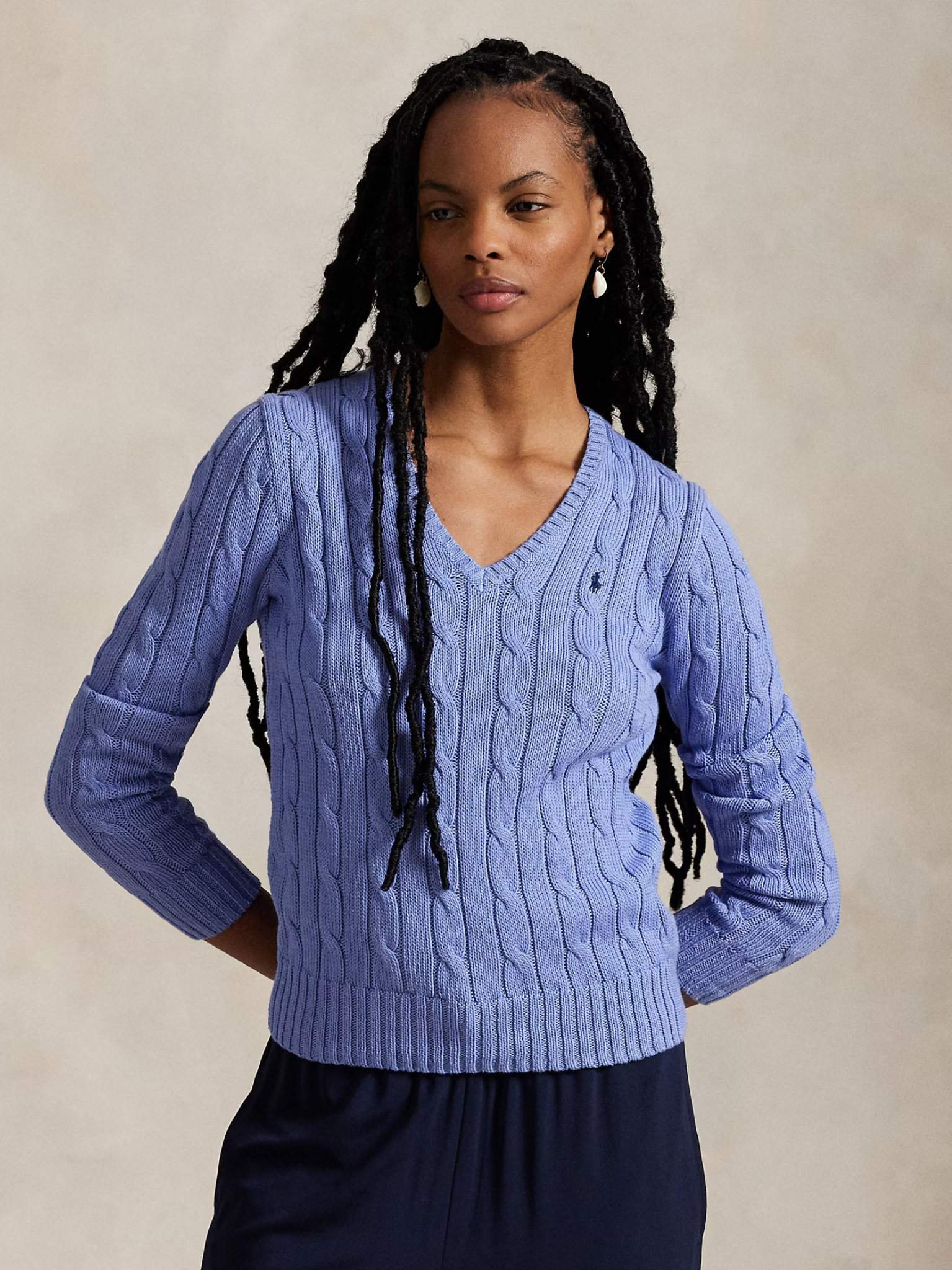 RALPH LAUREN WOMEN Cable-Knit Cotton V-Neck Jumper New Litchfield Blue