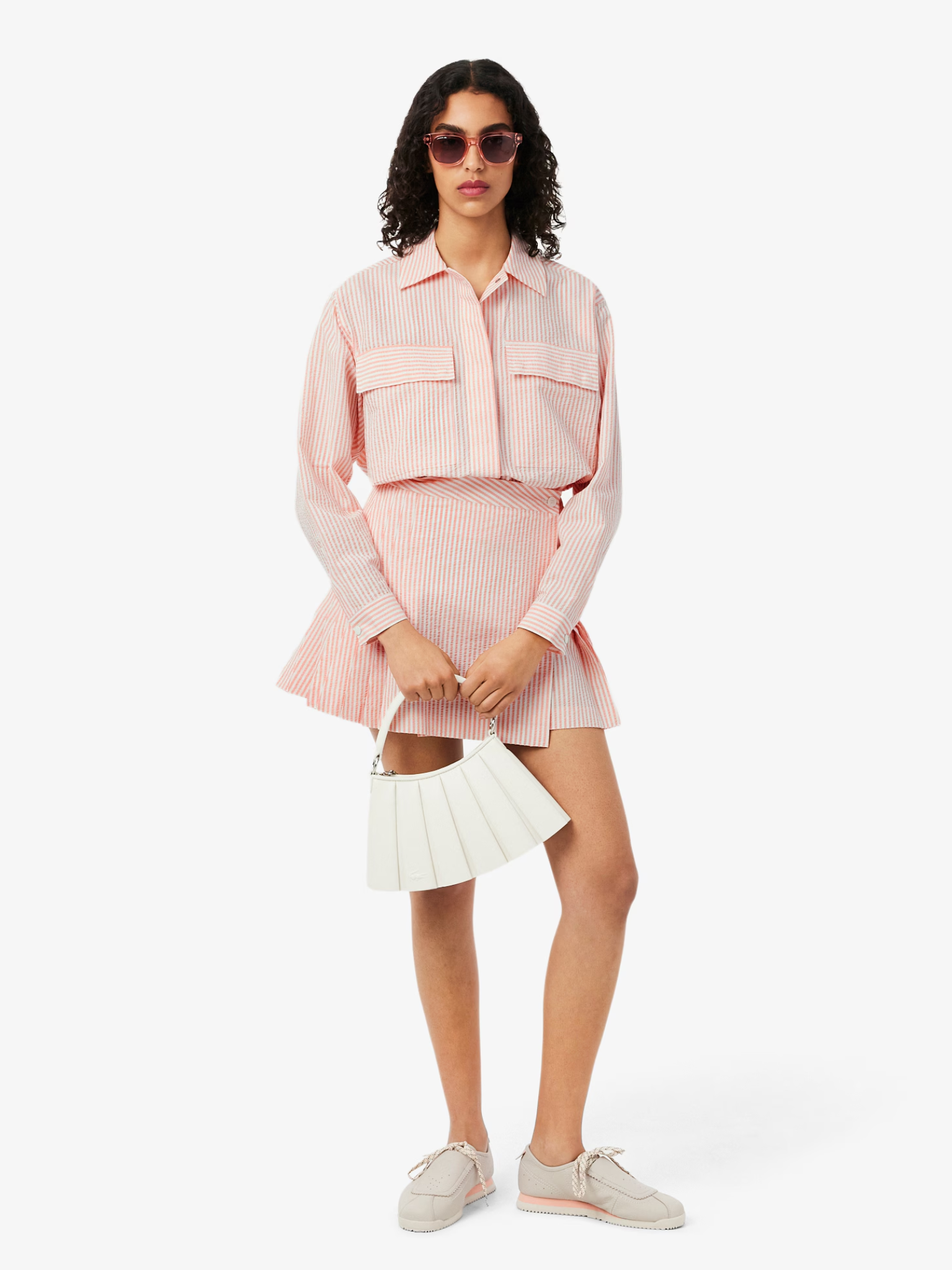 LACOSTE WOMEN Striped Seersucker Jacket Pink/White