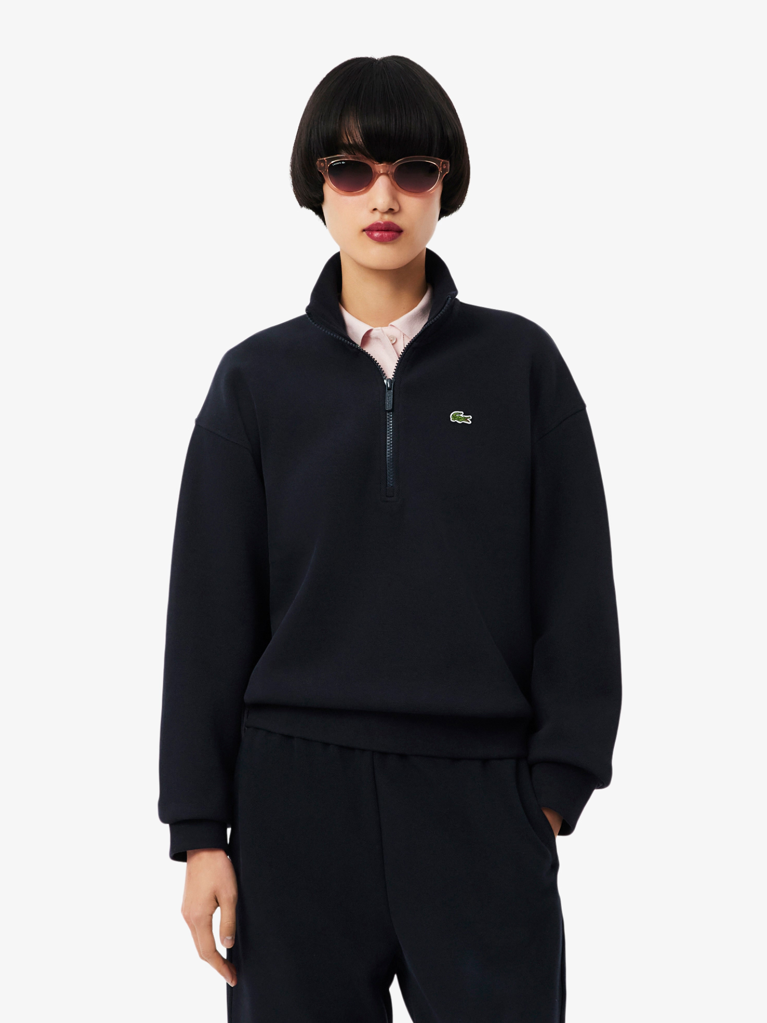 LACOSTE WOMEN High Neck Zipped Piqué Sweatshirt Navy Blue