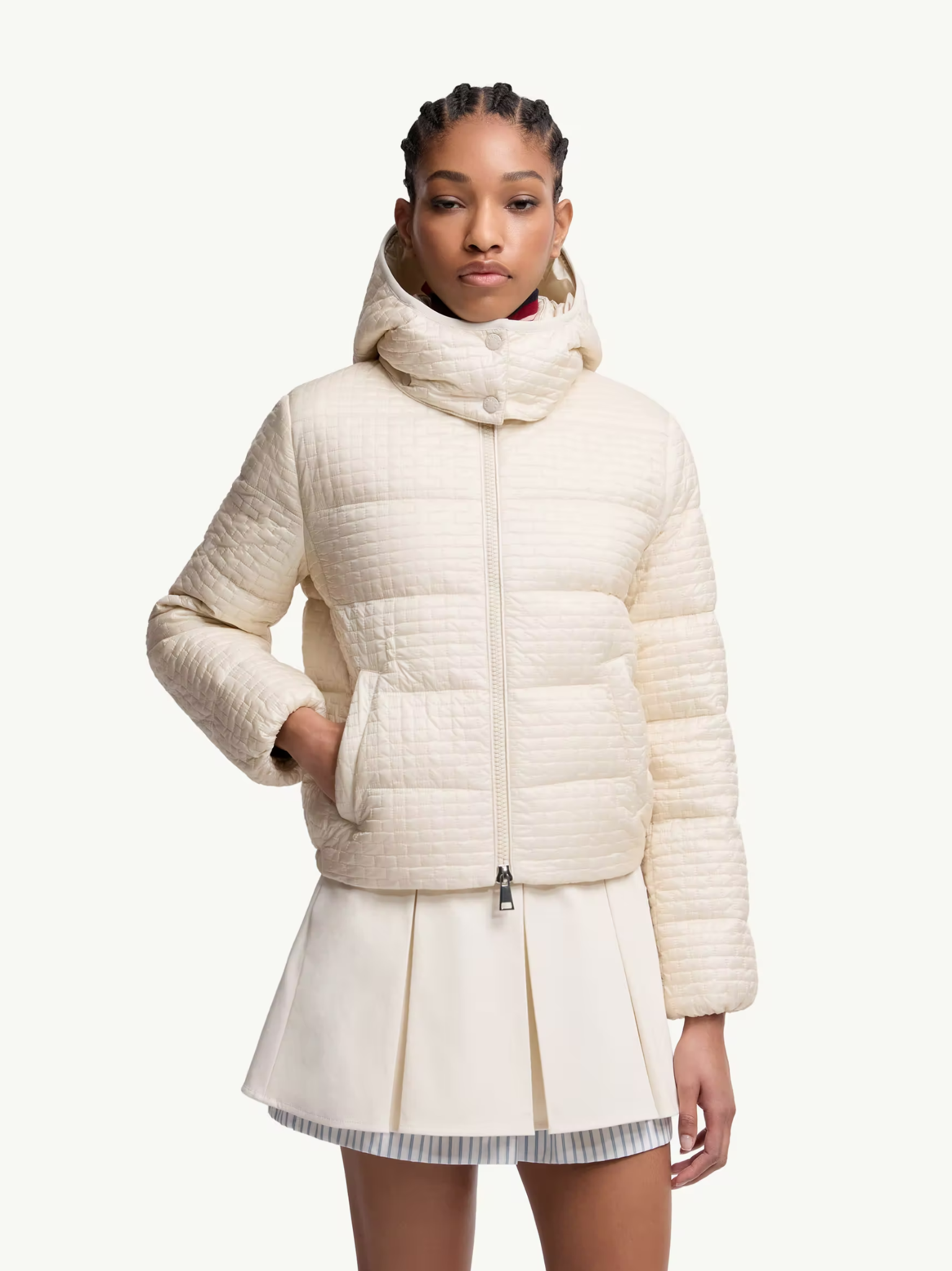 MONCLER WOMEN Gisors Geometric-Quilted Hooded Short Down Jacket Light Beige