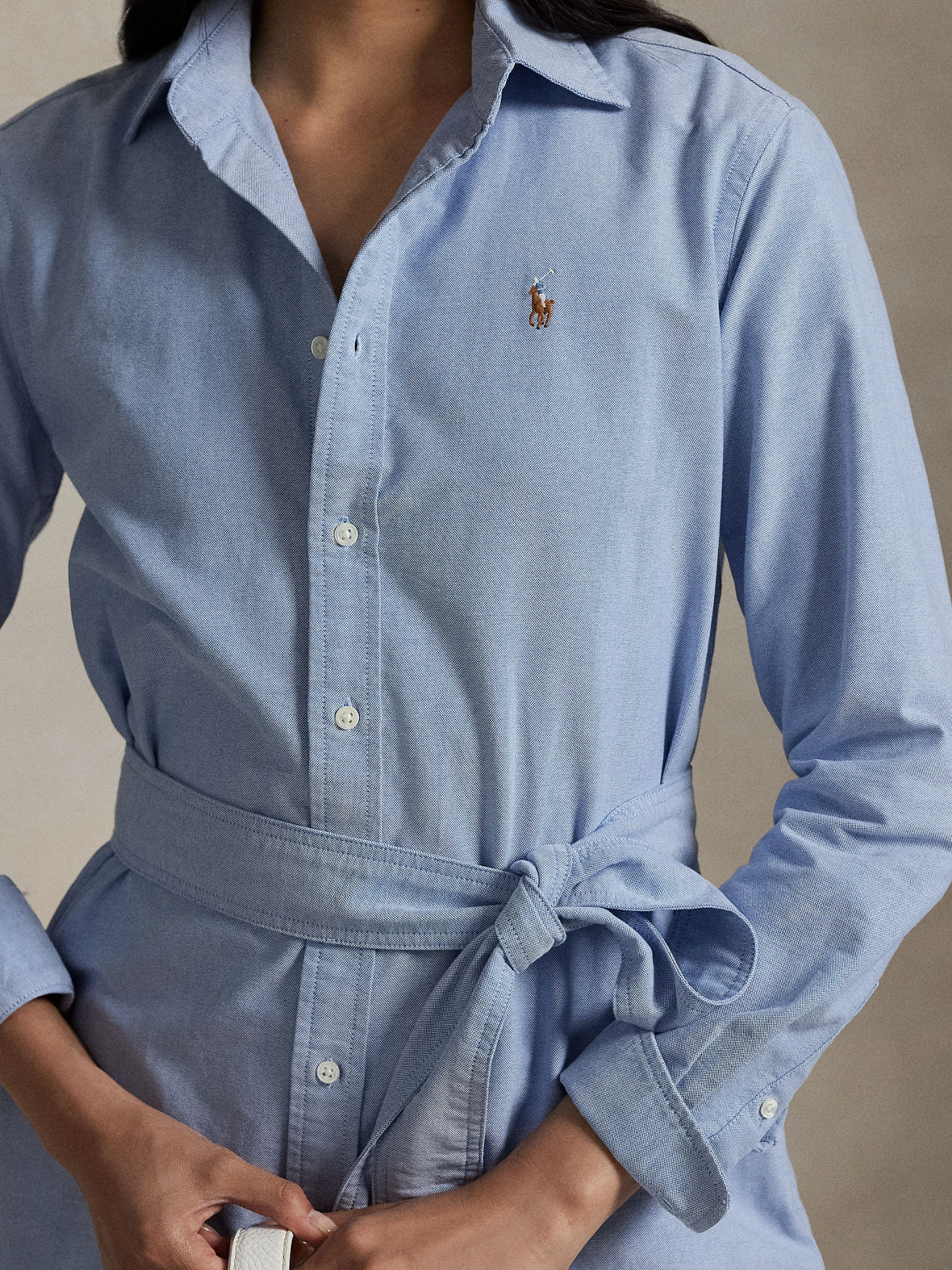 RALPH LAUREN WOMEN Belted Cotton Oxford Shirt Dress Blue