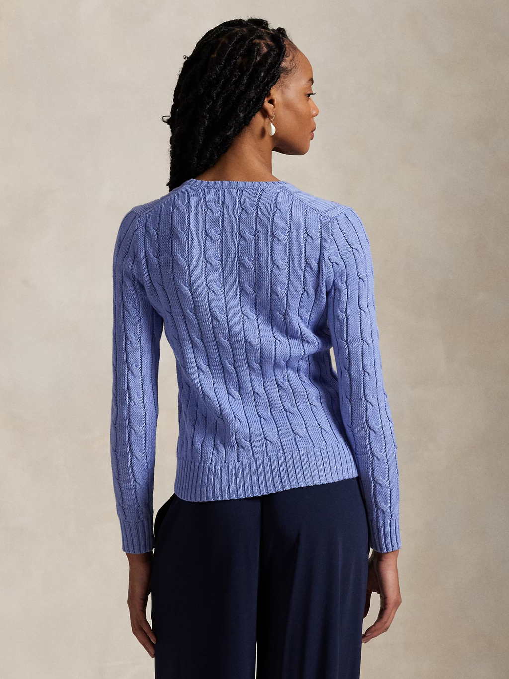 RALPH LAUREN WOMEN Cable-Knit Cotton V-Neck Jumper New Litchfield Blue