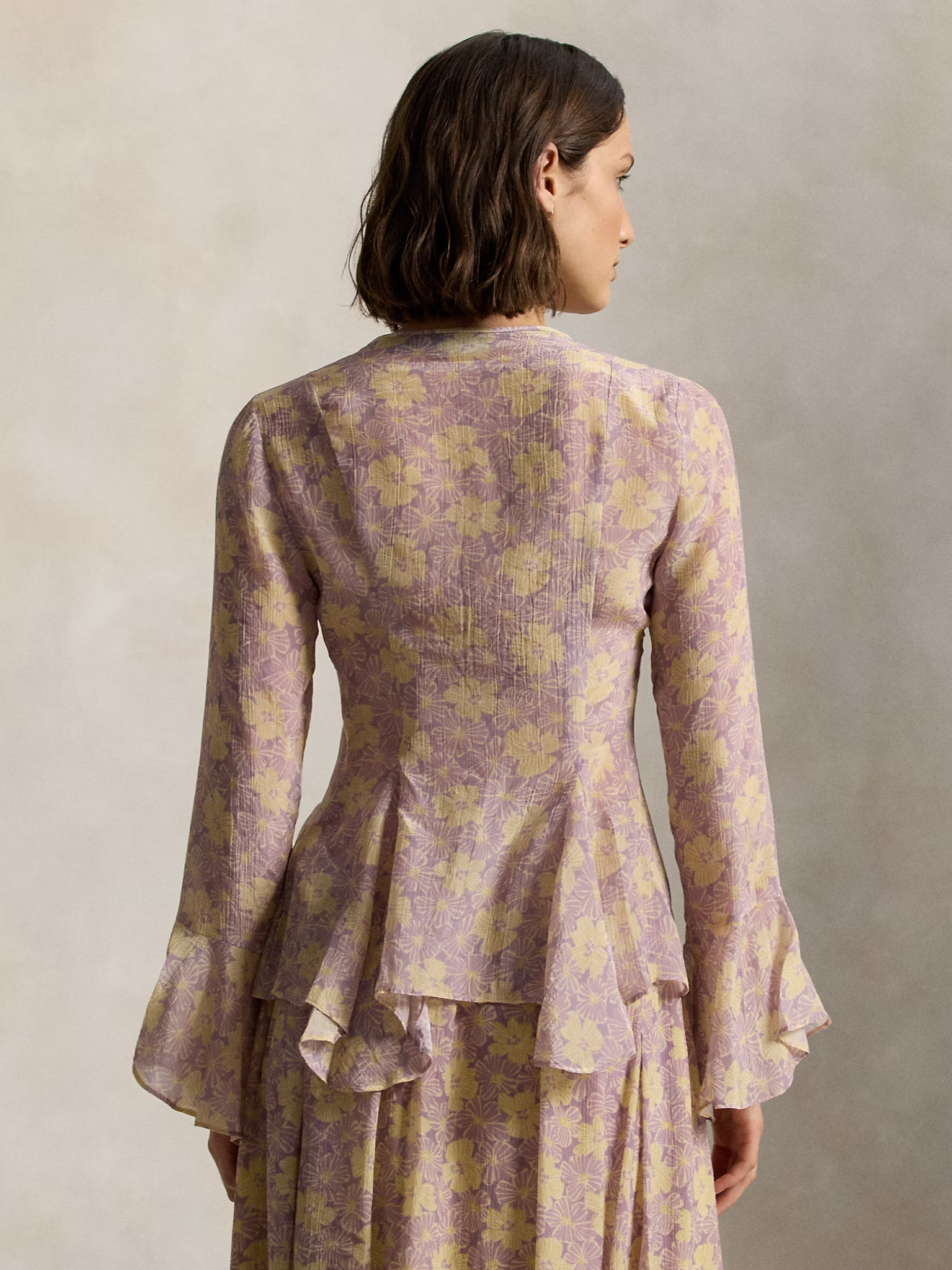 RALPH LAUREN WOMEN Floral Crinkled Button-front Top Soft Bloom Purple Yellow