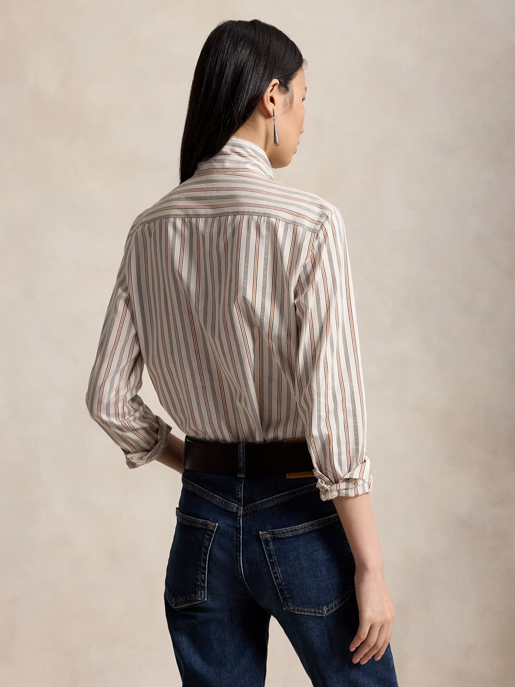RALPH LAUREN WOMEN Slim Fit Striped Cotton Tie-Neck Shirt Cream/Red