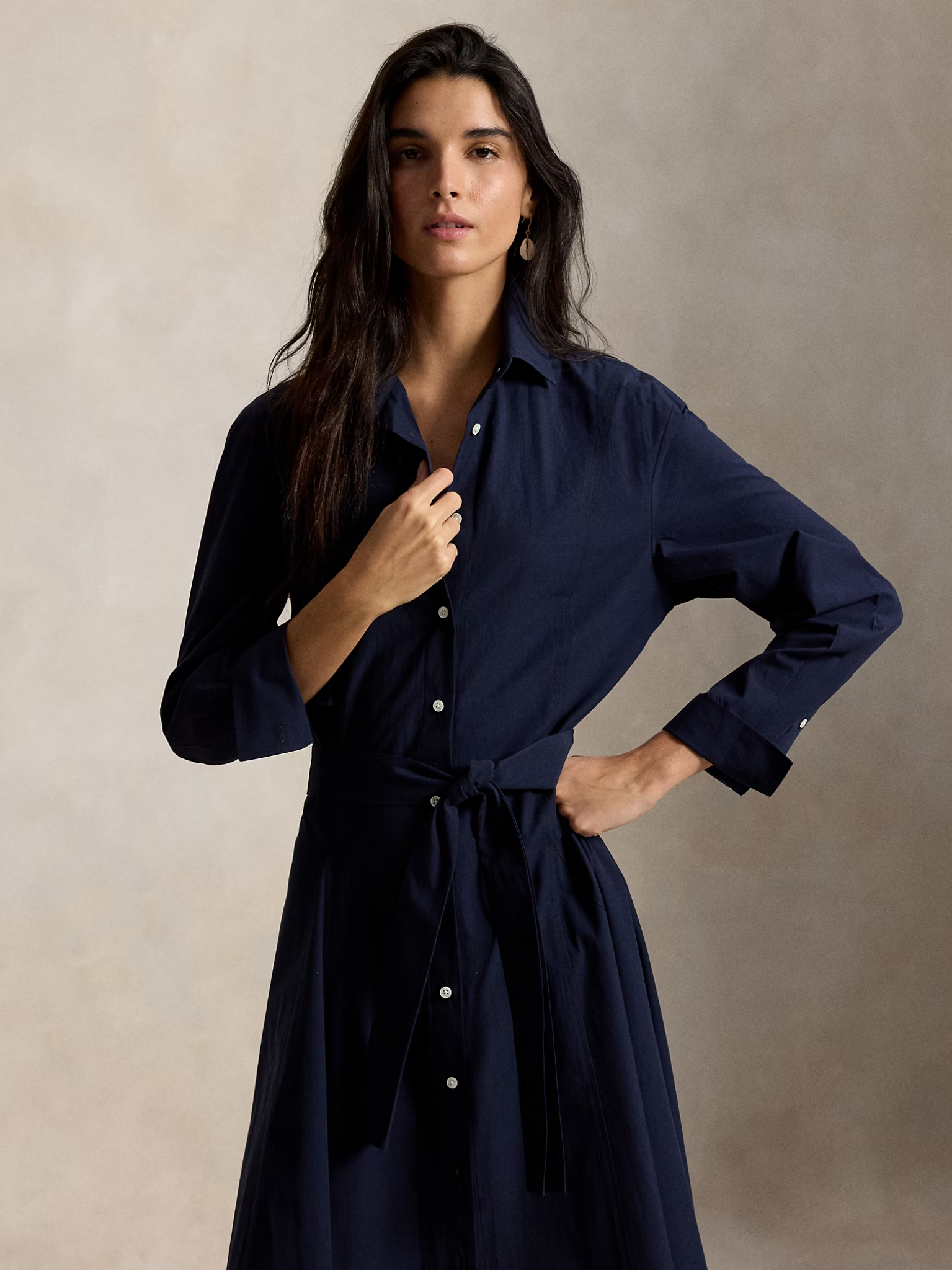 RALPH LAUREN WOMEN Cotton Canvas Tie-Waist Shirt Dress Hunter Navy