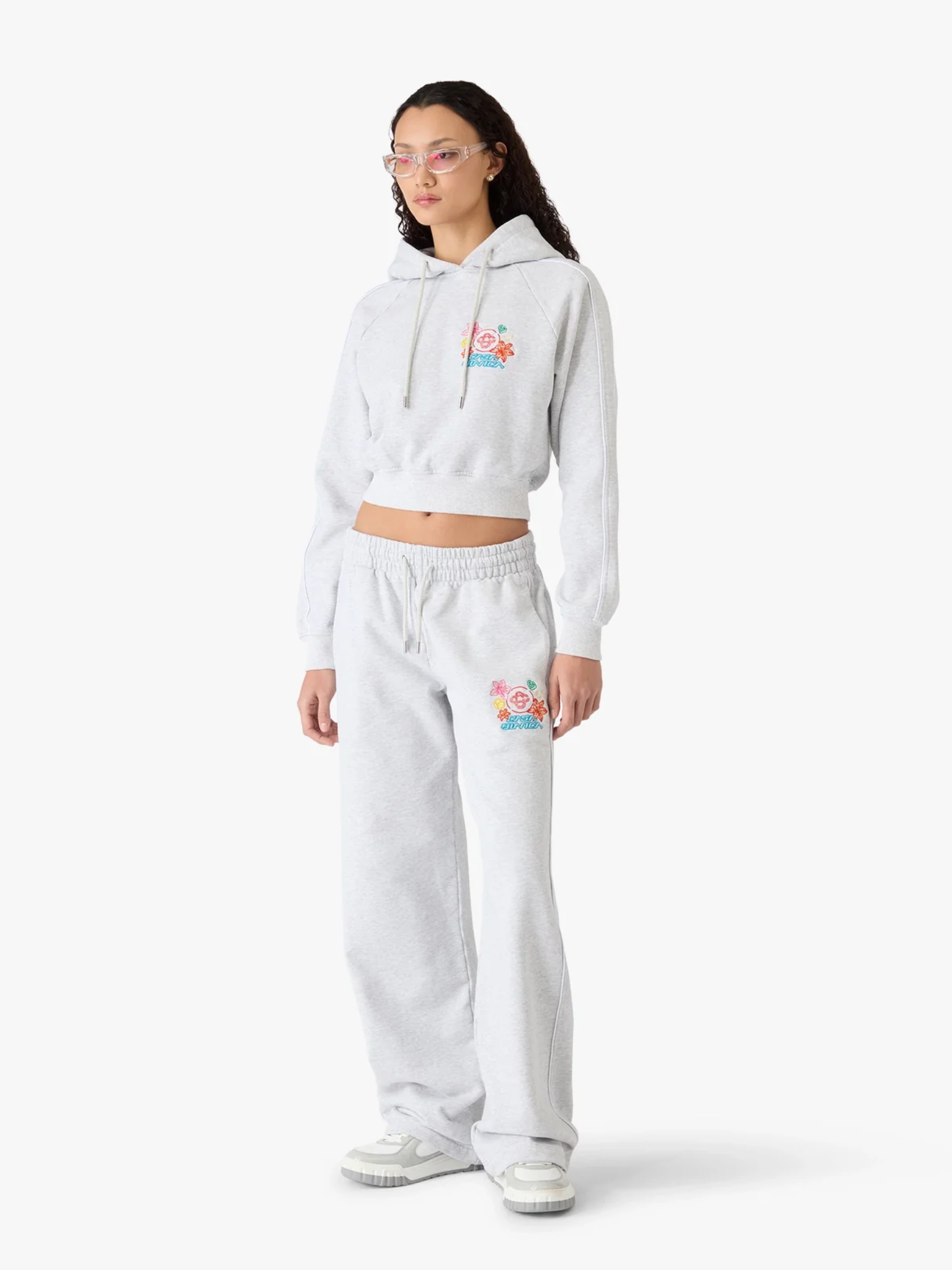CASABLANCA WOMEN Embroidered Cropped Hooded Sweatshirt Grey