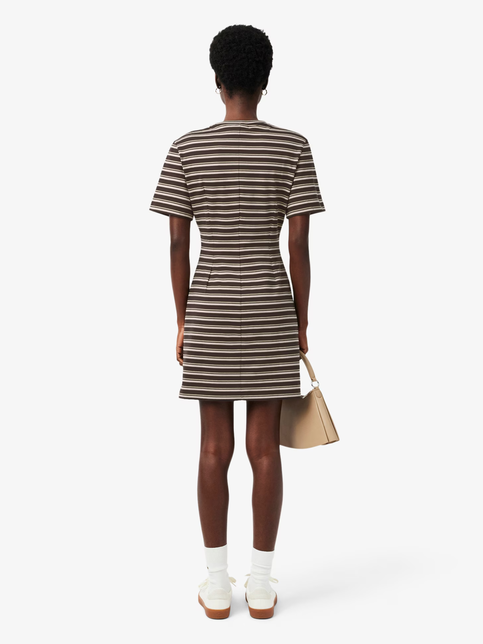 LACOSTE WOMEN Striped Cotton T-shirt Dress Marron/Beige