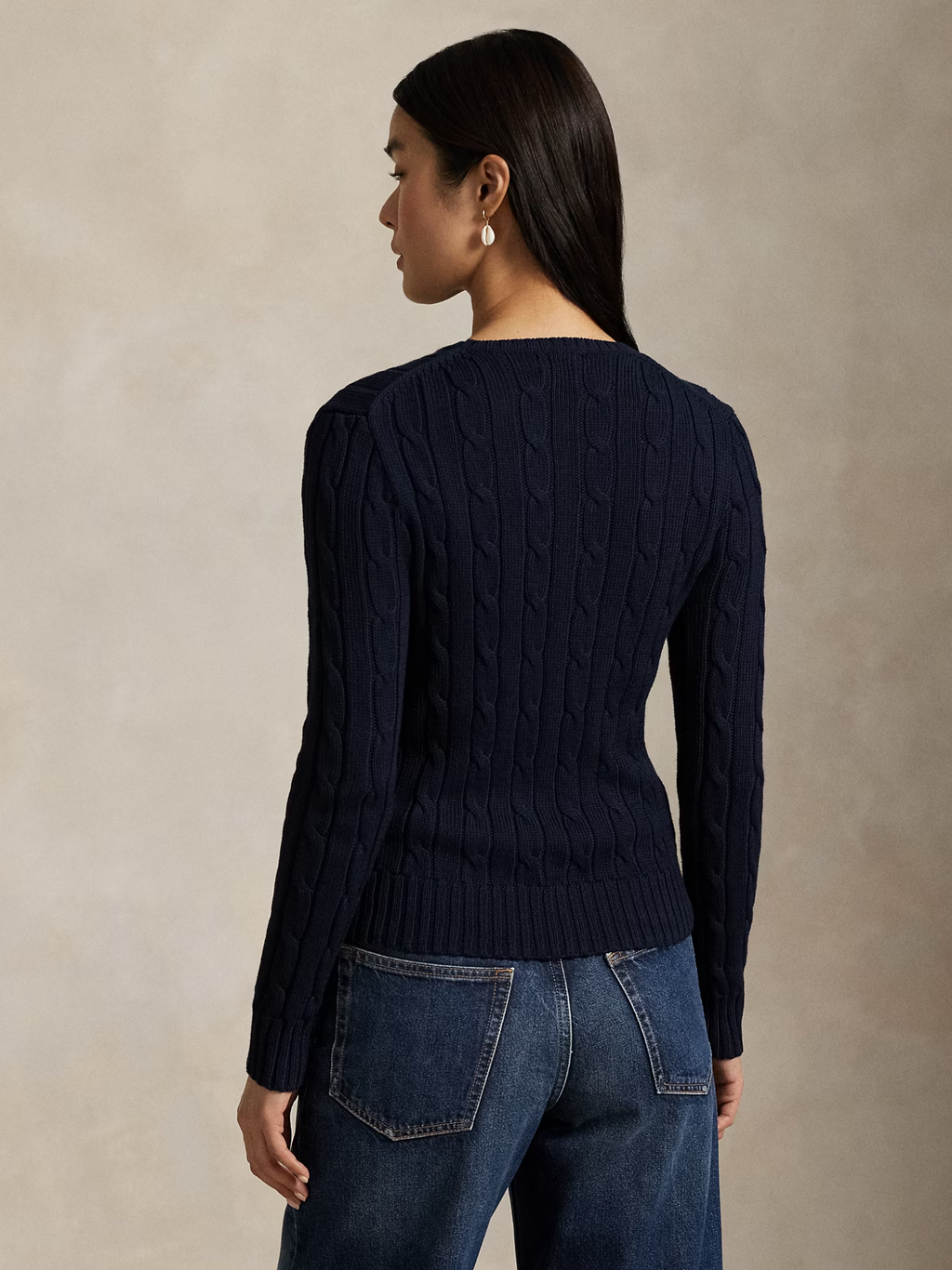 RALPH LAUREN WOMEN Cable-Knit Cotton Crewneck Jumper Hunter Navy