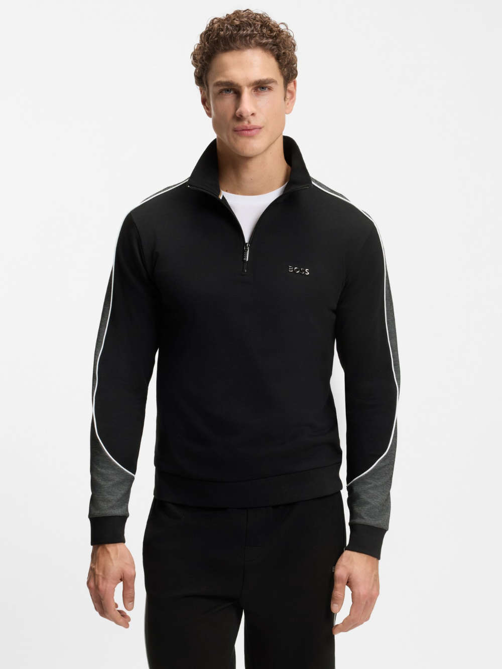 BOSS Contrast-Detail Zip-Neck Sweatshirt In A Cotton Blend Black