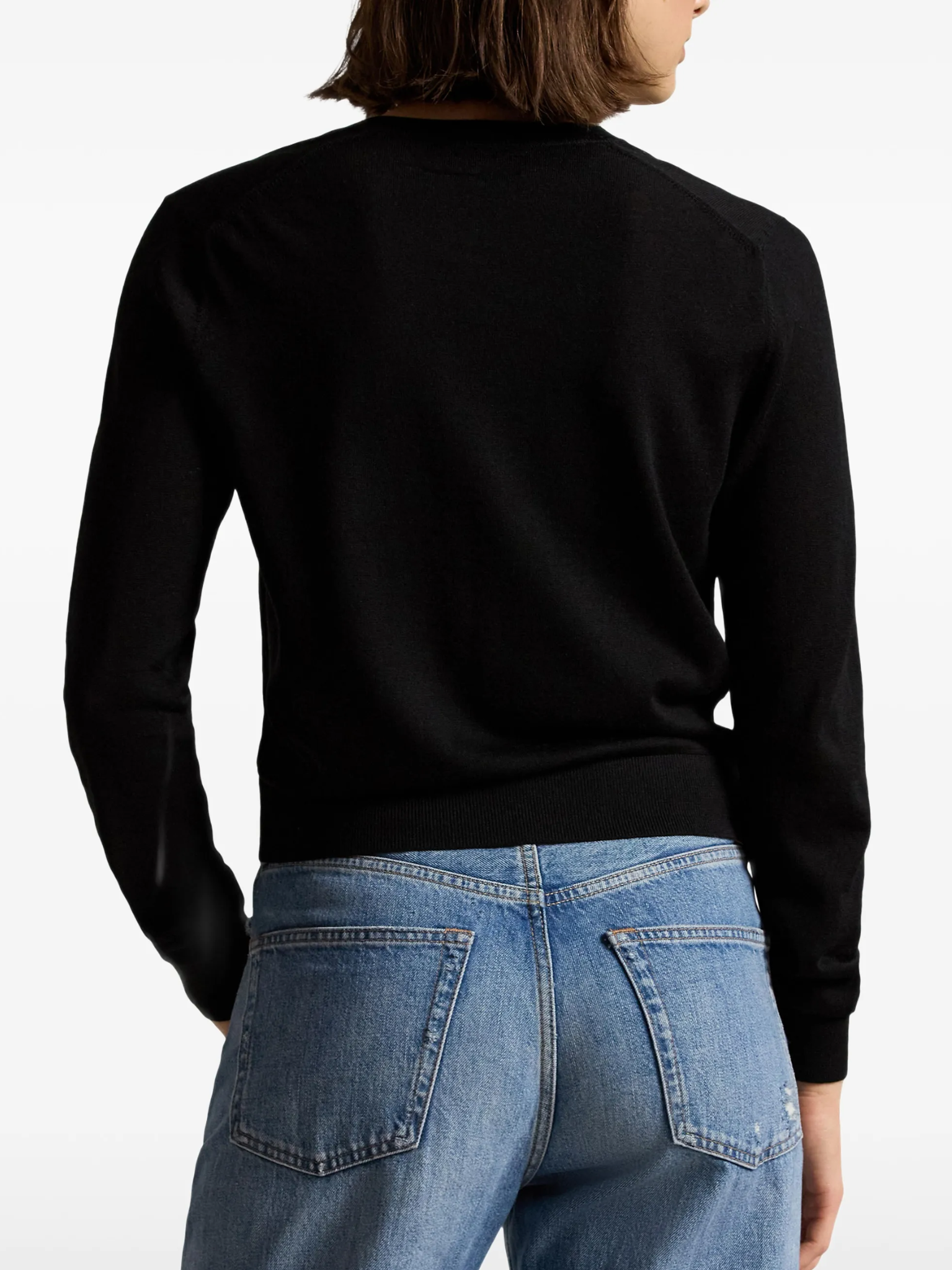 RALPH LAUREN WOMEN Wool Crewneck Cardigan Polo Black